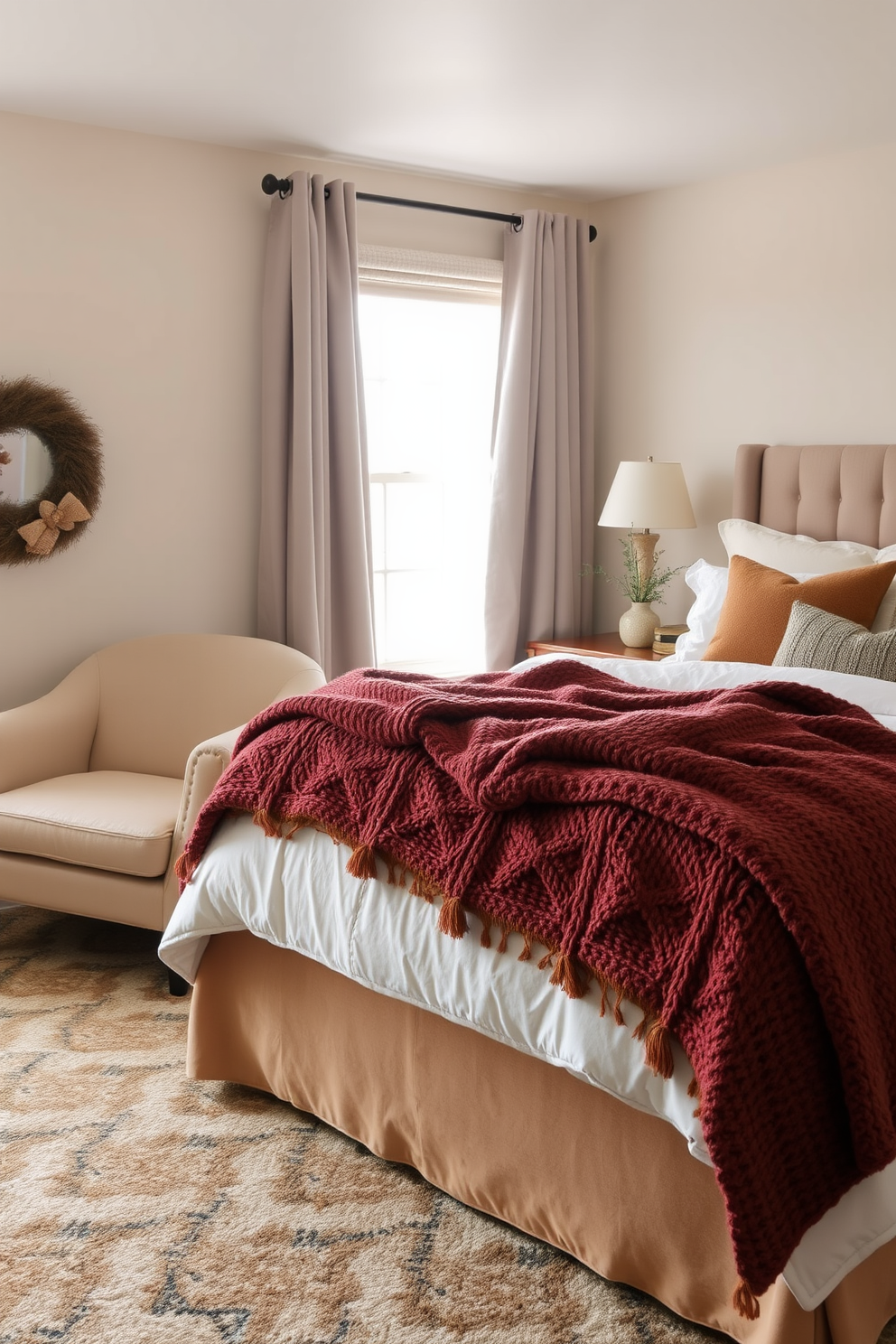 A cozy winter bedroom setting featuring a plush armchair in a soft, warm fabric placed near a window. The bed is adorned with layered blankets in rich textures and colors, complemented by a knitted throw and decorative pillows.