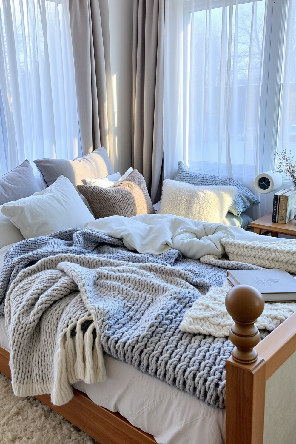 A cozy winter bedroom featuring a plush bed adorned with layered blankets in varying shades of gray and cream. Soft throw pillows add comfort and style, while a chunky knit blanket drapes casually over the side of the bed. Natural light filters through sheer curtains, illuminating the warm wooden accents of the furniture. A small bedside table holds a candle and a decorative book, creating an inviting atmosphere perfect for relaxation.