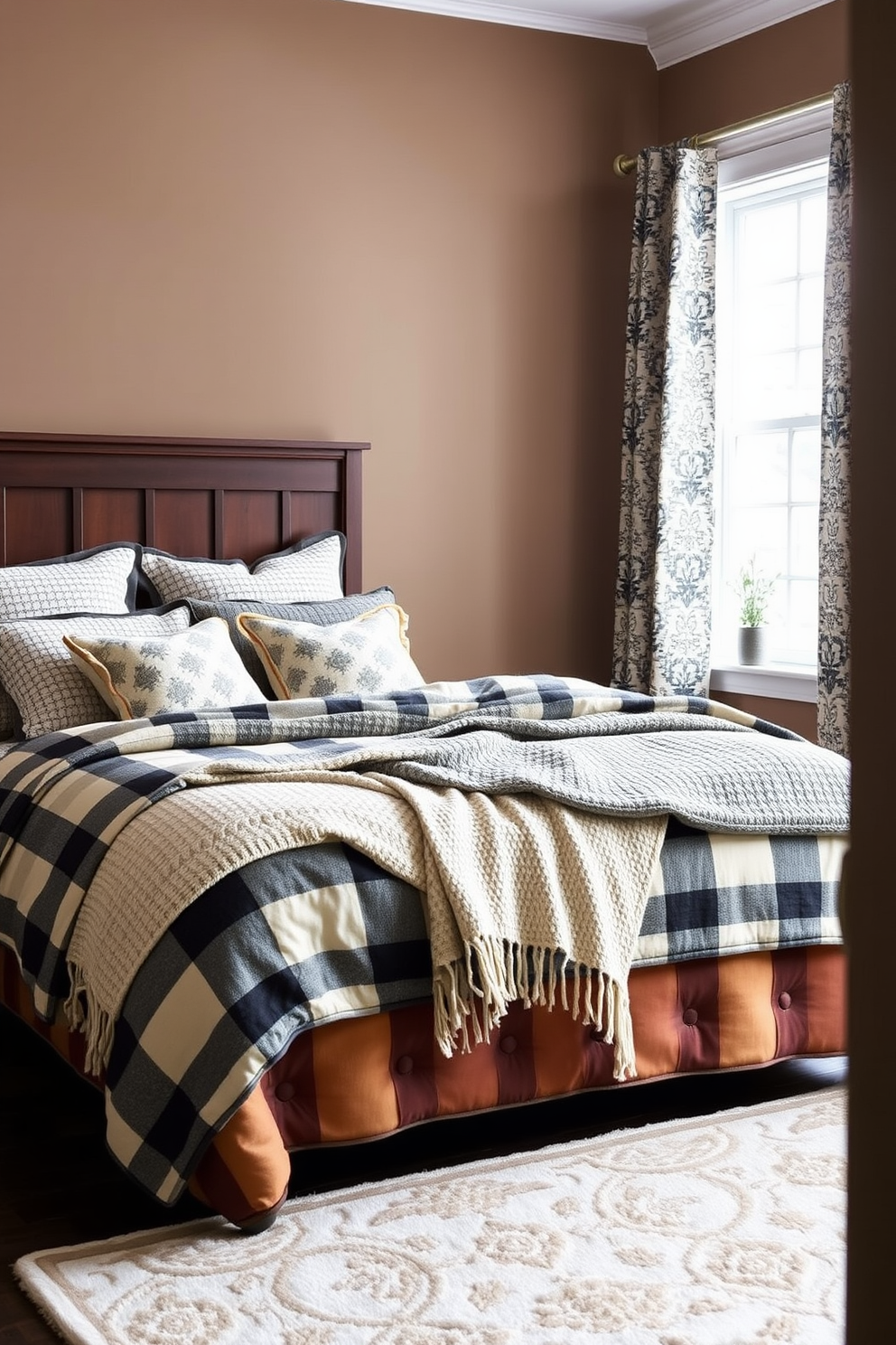 A cozy winter bedroom filled with layered textiles in various patterns. The bed is adorned with a plaid duvet cover, complemented by geometric patterned throw pillows and a soft knitted blanket draped at the foot. The walls are painted in a warm taupe, creating a welcoming atmosphere. A plush area rug with a subtle floral design anchors the space, while a pair of patterned curtains frame the window, allowing soft light to filter through.