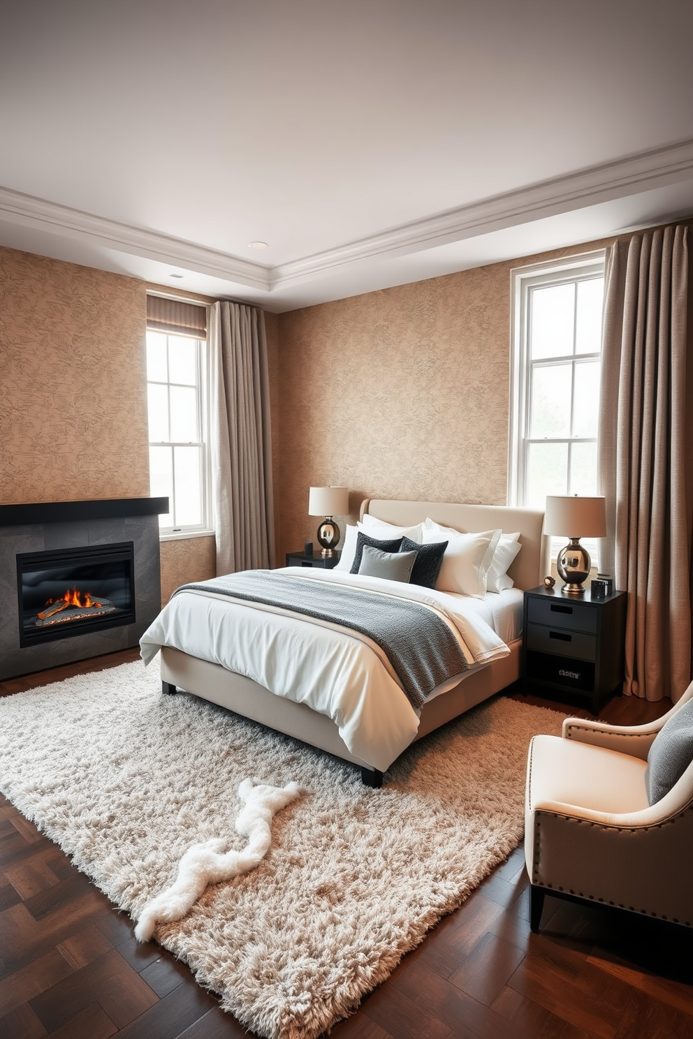 A cozy winter bedroom featuring a faux fireplace with a sleek black mantel. The walls are adorned with soft, warm-toned wallpaper, and a plush area rug lies beneath a king-sized bed dressed in layered white and gray bedding. Large windows draped with thick, textured curtains allow natural light to filter in, creating a serene atmosphere. A pair of bedside tables with elegant lamps flank the bed, while a comfortable armchair sits in the corner, inviting relaxation.