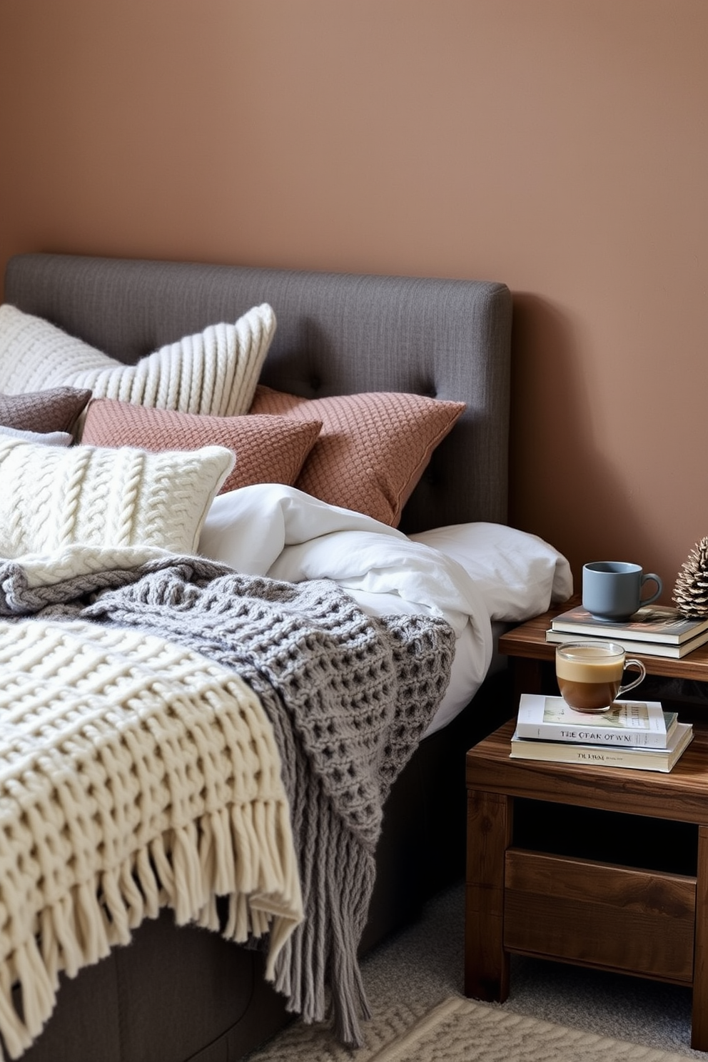 A cozy winter bedroom setting featuring a plush bed adorned with soft, inviting knit throws in various shades of cream and grey. The walls are painted in a warm taupe, and a rustic wooden nightstand holds a steaming cup of tea next to a small stack of books.