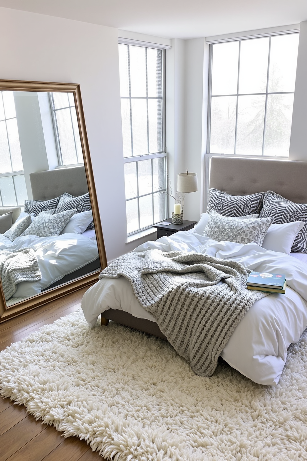 A cozy winter bedroom featuring a large mirror that reflects natural light and enhances the sense of space. The room is adorned with soft, layered bedding in shades of white and gray, and a plush area rug adds warmth underfoot. Frosted windowpanes allow gentle sunlight to filter in, creating a serene atmosphere. Decorative pillows and a chunky knit throw on the bed provide an inviting touch, while a small bedside table holds a candle and a seasonal book.