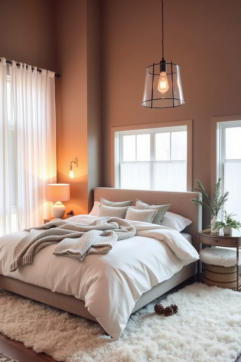 A cozy winter bedroom setting with a plush king-sized bed dressed in layers of soft blankets and a chunky knit throw. The walls are painted in a warm taupe hue, and large windows are adorned with sheer white curtains that gently filter the natural light. Incorporate warm lighting fixtures such as a pair of bedside table lamps with fabric shades and a stylish pendant light hanging from the ceiling. Add decorative elements like a fluffy area rug and seasonal decor, including pinecones and evergreen branches, to enhance the winter atmosphere.