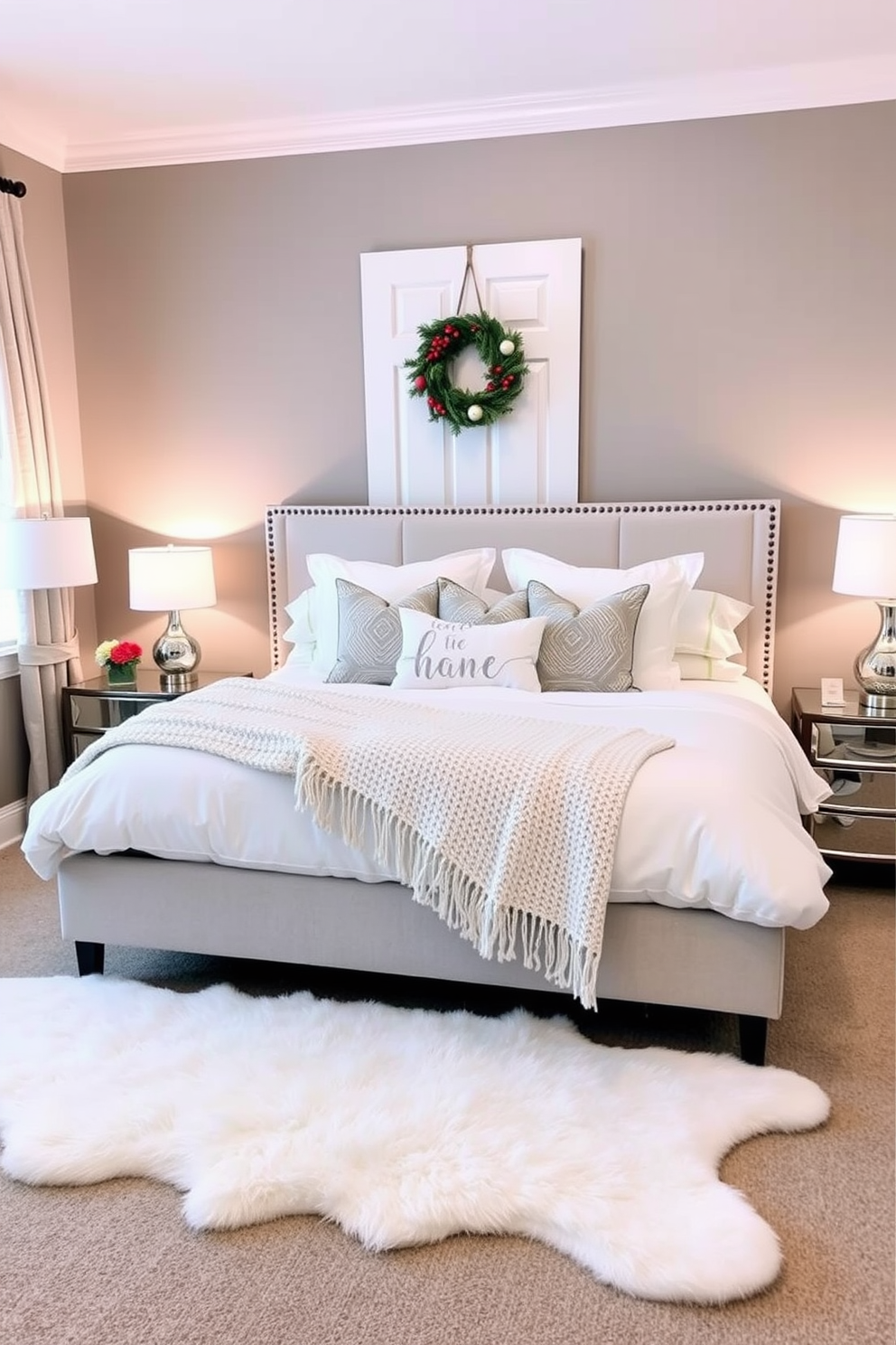 A cozy winter bedroom setting featuring a plush king-sized bed adorned with soft white linens and a chunky knit throw blanket. The walls are painted in a warm gray tone, and a pair of elegant bedside tables flank the bed, each topped with stylish lamps. A seasonal wreath made of evergreen branches and red berries hangs on the door, welcoming guests with a touch of festive charm. A faux fur area rug lies beneath the bed, adding warmth and texture to the space.