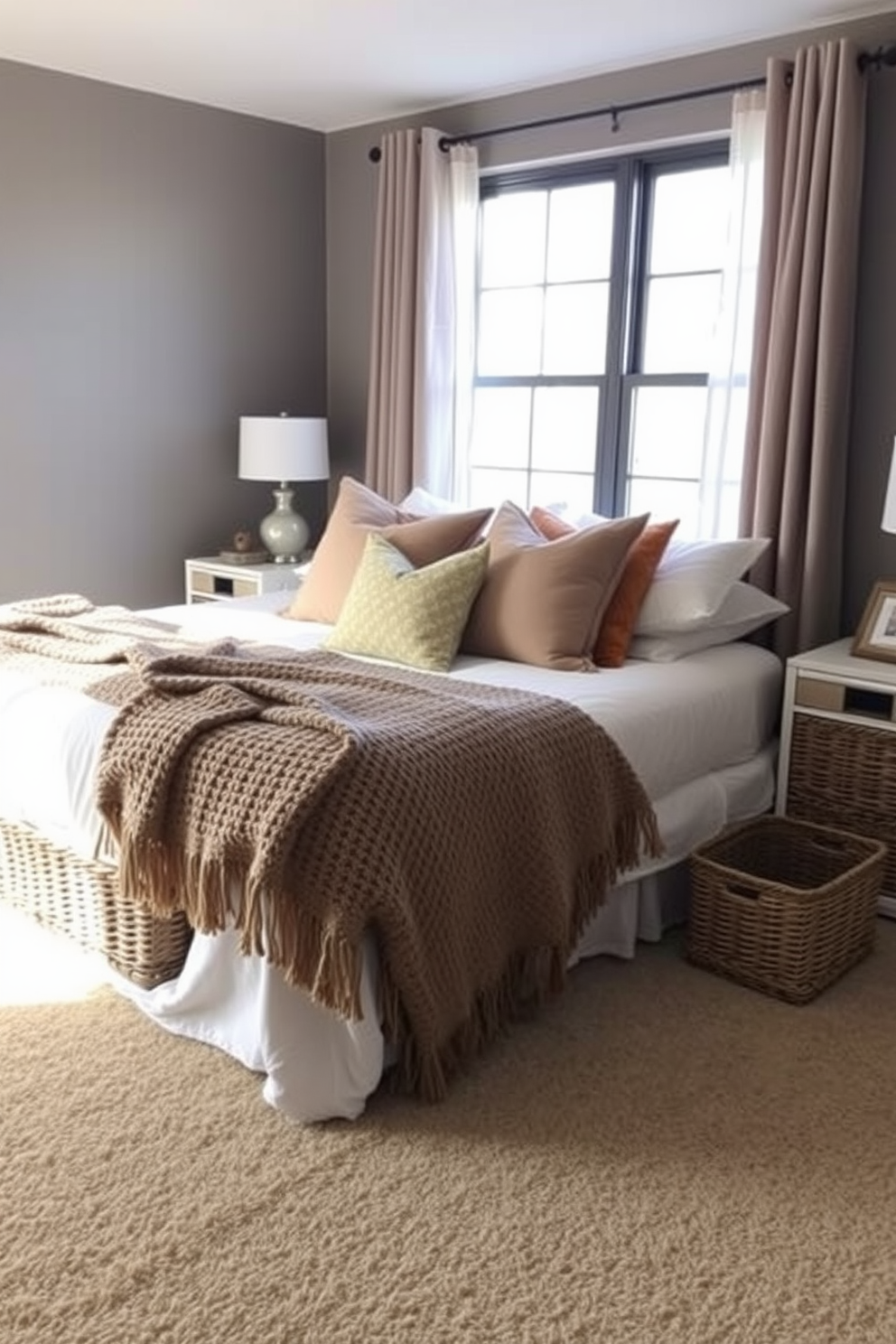 A cozy winter bedroom setting featuring a plush bed with a thick knitted blanket and an array of decorative pillows in warm tones. On either side of the bed, decorative baskets are used for storage, adding a rustic touch while keeping the space organized. The walls are painted in a soft, muted gray, creating a serene atmosphere. A large window is adorned with sheer curtains that allow natural light to filter in, enhancing the inviting ambiance of the room.