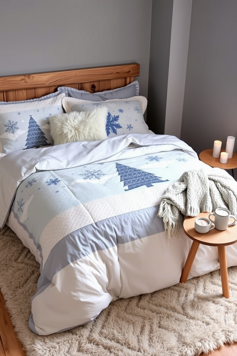 A cozy winter bedroom featuring a plush bed adorned with a winter-themed quilt in soft blues and whites. Fluffy pillows and a knitted throw blanket add warmth, while a rustic wooden headboard complements the seasonal decor. The walls are painted in a calming gray hue, and a soft area rug lies beneath the bed for added comfort. A small bedside table holds a steaming cup of cocoa and a flickering candle, creating a serene and inviting atmosphere.