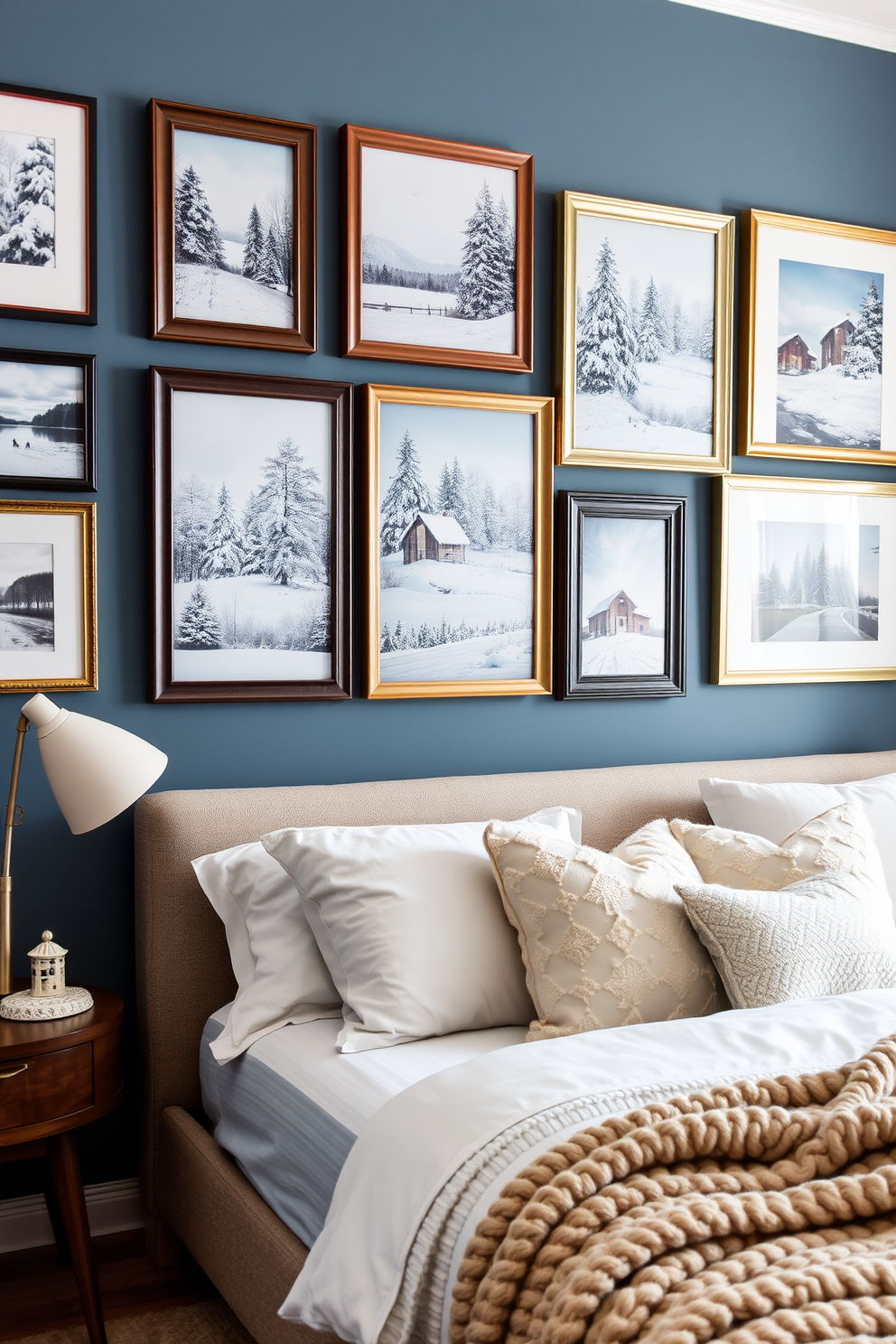 Create a gallery wall featuring various winter-themed artworks including snow-covered landscapes and cozy cabin scenes. The frames should vary in size and finish to create an eclectic yet harmonious look. Design a winter bedroom that evokes warmth and comfort with a color palette of soft blues and whites. Incorporate plush textiles such as a chunky knit throw and fluffy pillows to enhance the cozy atmosphere.