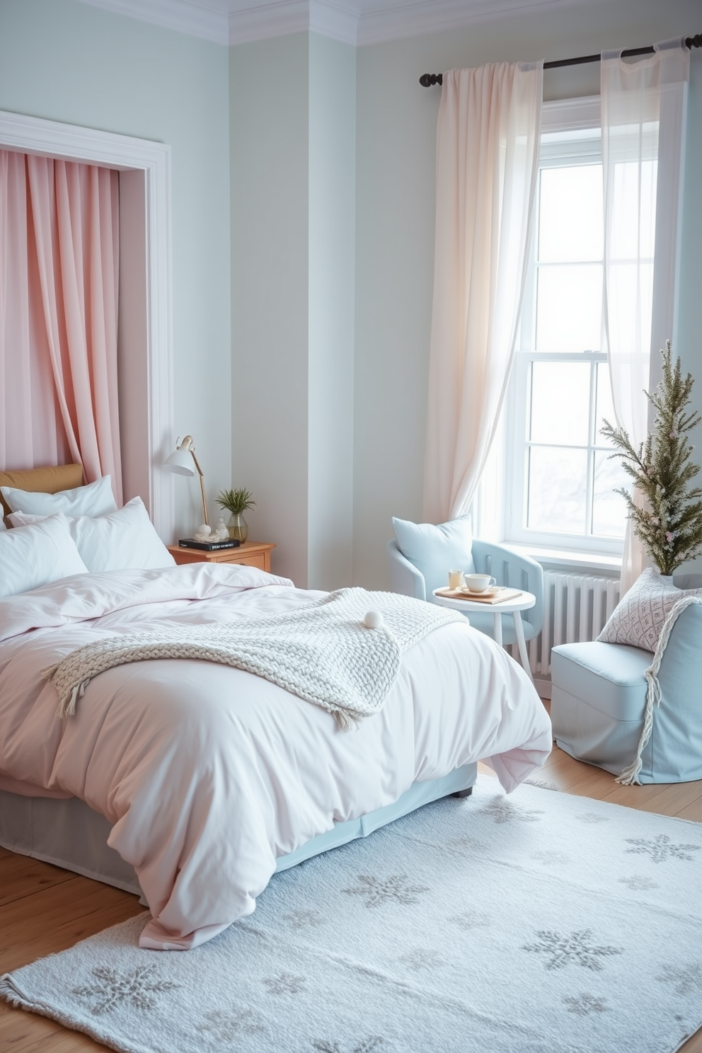 A serene winter bedroom retreat featuring soft pastel hues on the walls and bedding to create a calming atmosphere. A plush light pink duvet covers the bed, complemented by fluffy white pillows and a knitted throw blanket draped across the foot of the bed. A cozy reading nook is positioned by the window, adorned with a pastel blue armchair and a small side table holding a steaming cup of tea. A delicate snowflake-patterned rug lies on the floor, adding warmth and texture to the space while enhancing the winter theme.