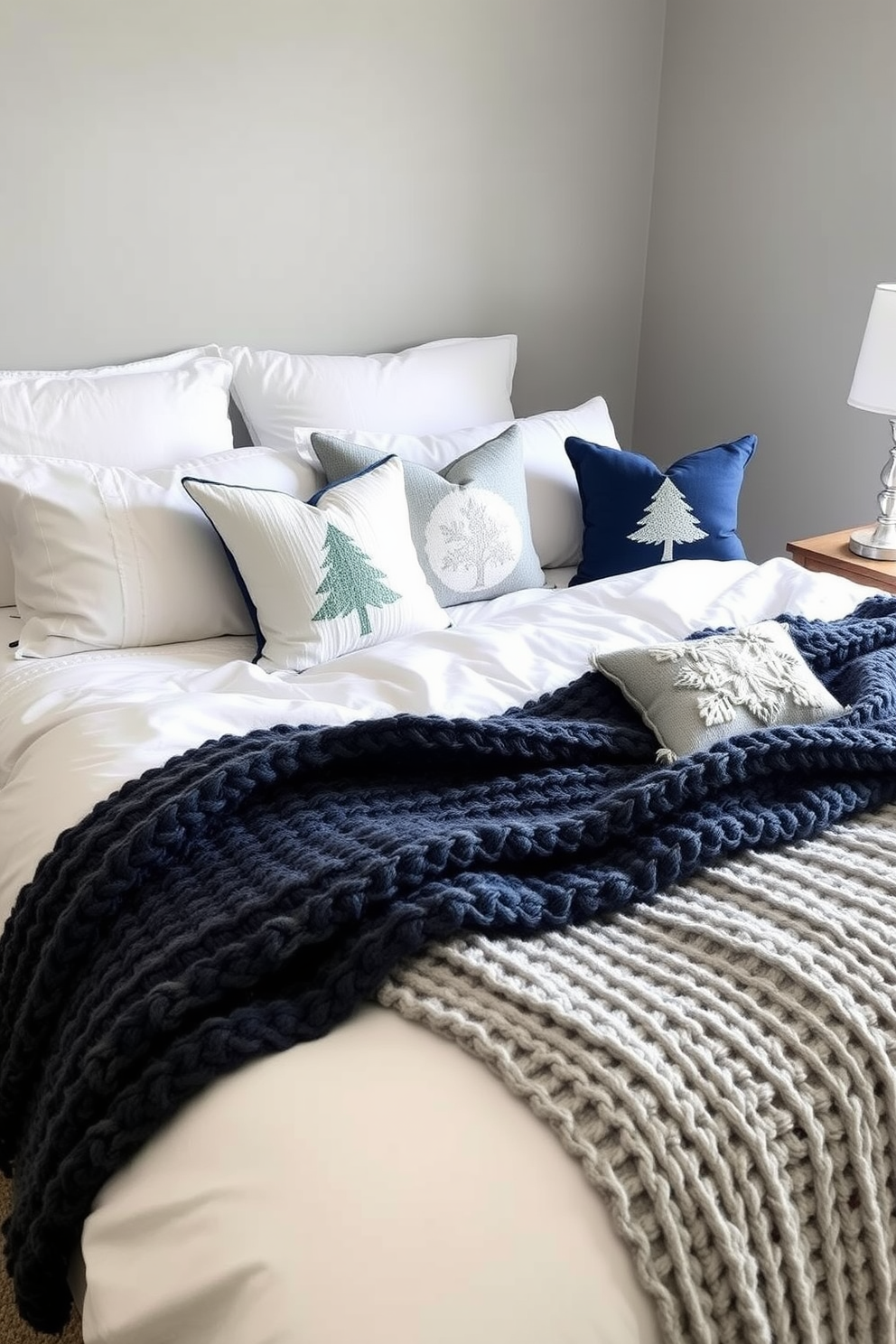 A cozy winter bedroom setting featuring a plush bed adorned with soft white linens and a variety of winter-themed throw pillows in shades of deep blue and silver. The walls are painted a warm gray, and a chunky knit throw blanket is draped over the foot of the bed, adding texture and warmth to the space.