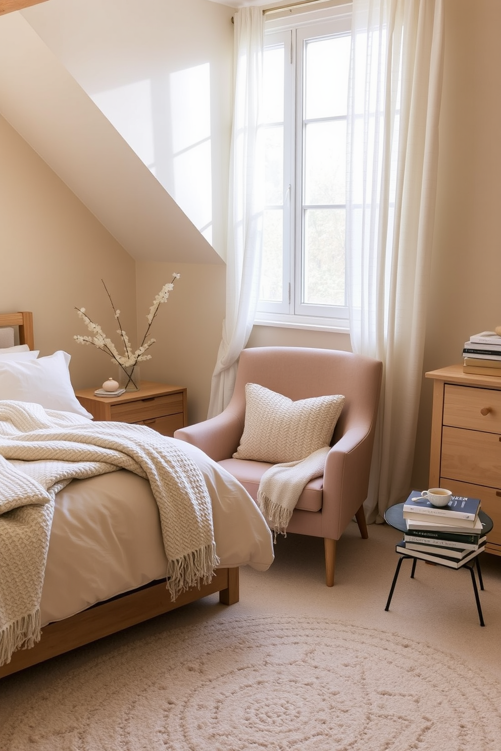 A cozy winter bedroom adorned with faux fur accents. The bed is dressed in a plush white duvet, layered with a soft gray faux fur throw and matching pillows. The walls are painted a warm taupe, creating a serene atmosphere. A stylish faux fur area rug lies beneath the bed, adding texture and warmth to the space.