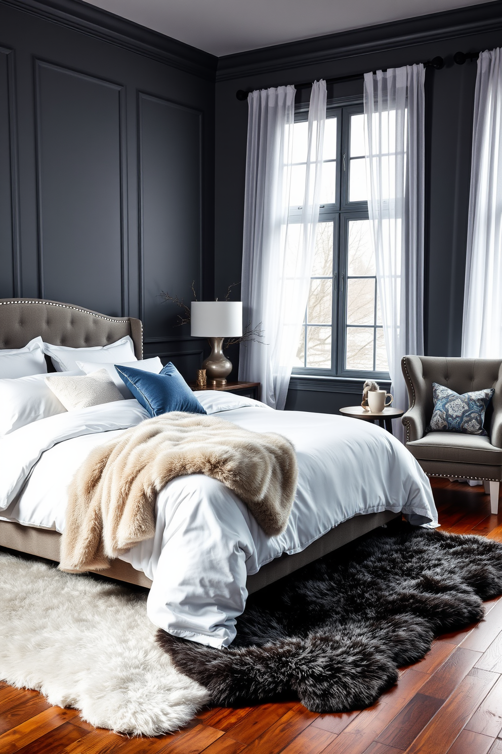 A luxurious winter bedroom setting featuring a plush king-sized bed dressed in crisp white linens and a soft faux fur throw draped across the foot. The walls are painted in a cool gray hue, complemented by a cozy seating area with a velvet armchair and a small side table adorned with a steaming mug of cocoa. To enhance the winter ambiance, large windows are adorned with sheer white curtains that allow natural light to filter in softly. A faux fur area rug lies beneath the bed, adding warmth and texture to the hardwood floor, while decorative pillows in varying shades of blue and silver complete the inviting look.