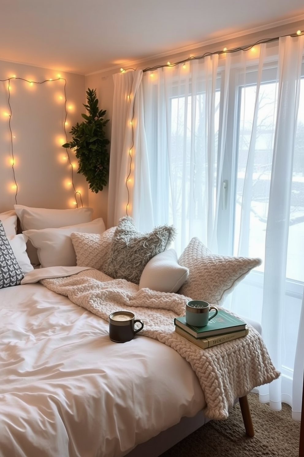 A cozy winter bedroom adorned with soft string lights that cast a warm glow throughout the space. The bed is dressed in plush white linens, layered with a chunky knit blanket and an array of decorative pillows in muted tones. A small wooden nightstand holds a steaming mug of hot cocoa and a stack of seasonal books. The windows are draped with sheer curtains that flutter gently, allowing soft winter light to filter in.