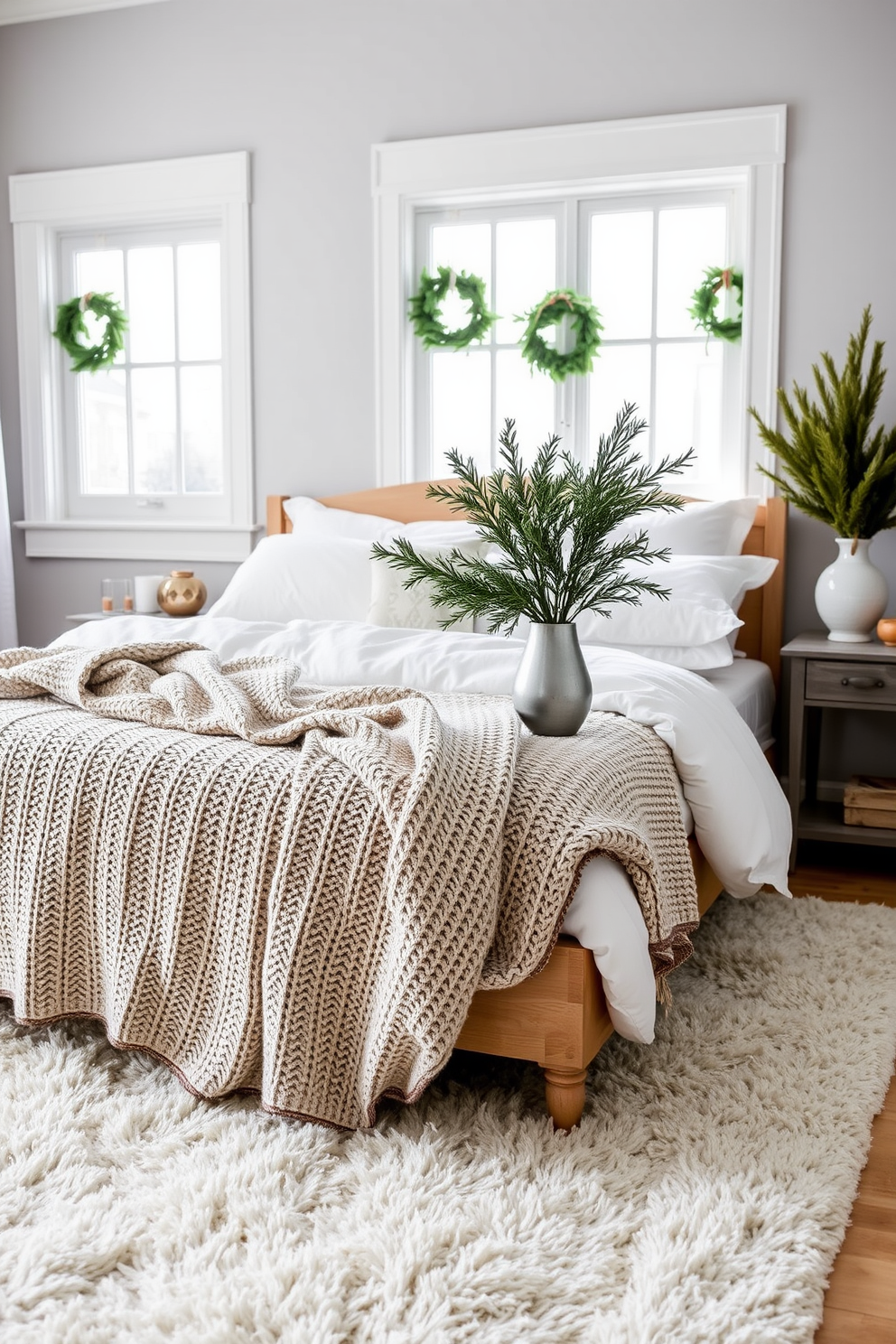 A cozy winter bedroom featuring a plush king-sized bed dressed in soft beige linens and a chunky knit blanket. The walls are painted in warm taupe, and large windows allow natural light to flood the space, framed by heavy drapes in a deep forest green. A rustic wooden nightstand sits beside the bed, adorned with a small potted succulent and a vintage lamp with a warm glow. The floor is covered with a thick area rug in a neutral hue, providing comfort and warmth against the cold winter days.