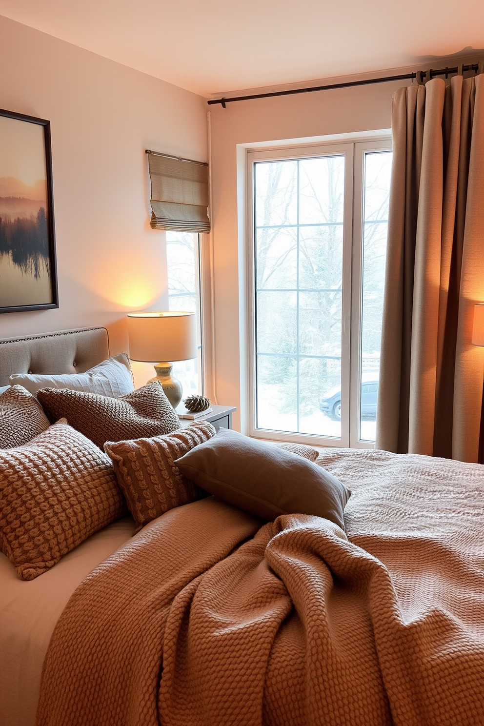 A cozy winter bedroom adorned with warm-toned wall art that adds a touch of comfort and style. The bed is draped in a plush, neutral-colored blanket, complemented by an array of textured pillows in soft earth tones. A stylish bedside table holds a decorative lamp with a warm glow, creating an inviting atmosphere. The large window is framed with thick, cozy curtains that filter soft winter light into the room.