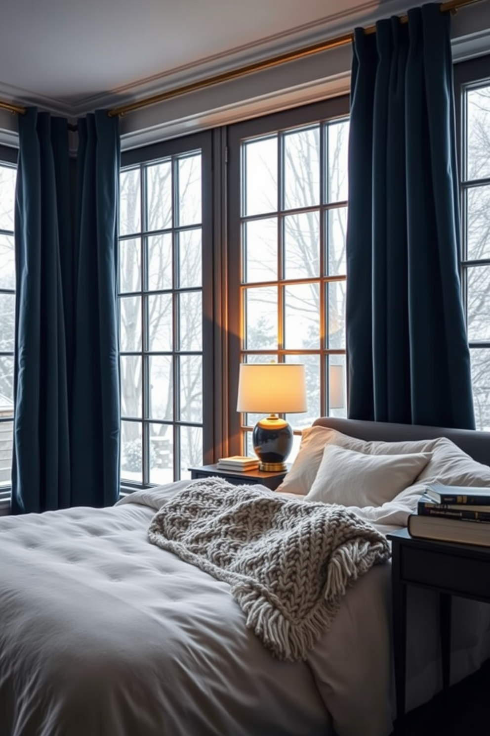 A cozy winter bedroom setting. Thick, plush curtains in a rich navy color frame the large windows, providing insulation against the cold. The bed is dressed in layers of soft, warm blankets and a chunky knit throw. A bedside table holds a glowing lamp and a stack of books, creating a welcoming atmosphere.