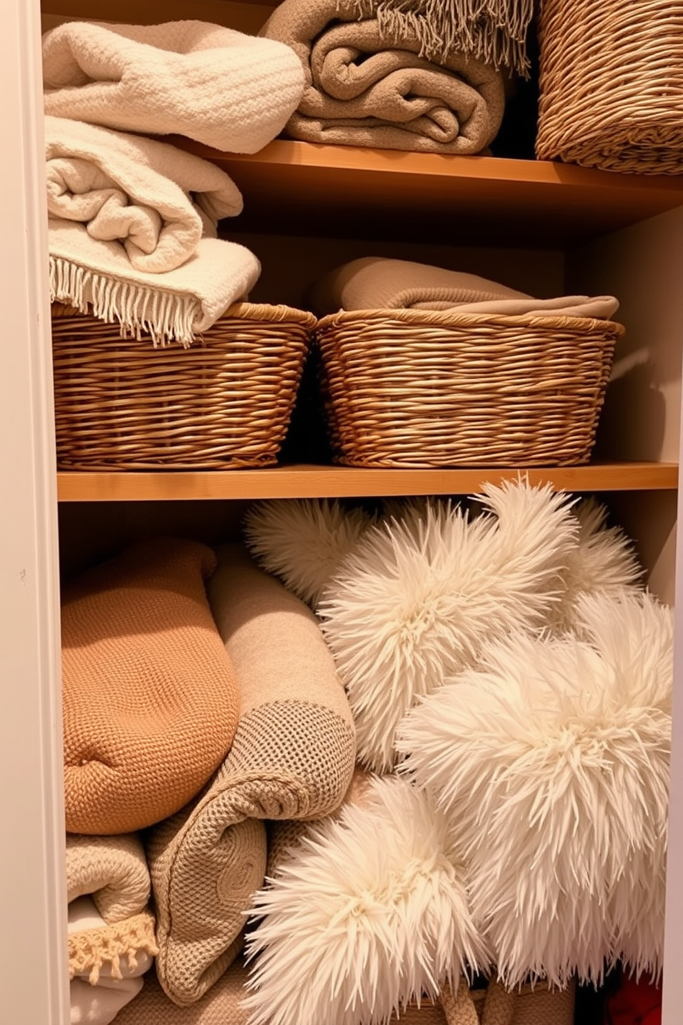 Cozy blankets are neatly arranged in woven baskets, adding warmth and texture to the winter closet. The baskets are placed on a wooden shelf, enhancing the rustic charm of the space. Soft, fluffy pillows are scattered among the blankets, inviting comfort and relaxation. The closet features a warm color palette, with soft lighting that creates a welcoming atmosphere.