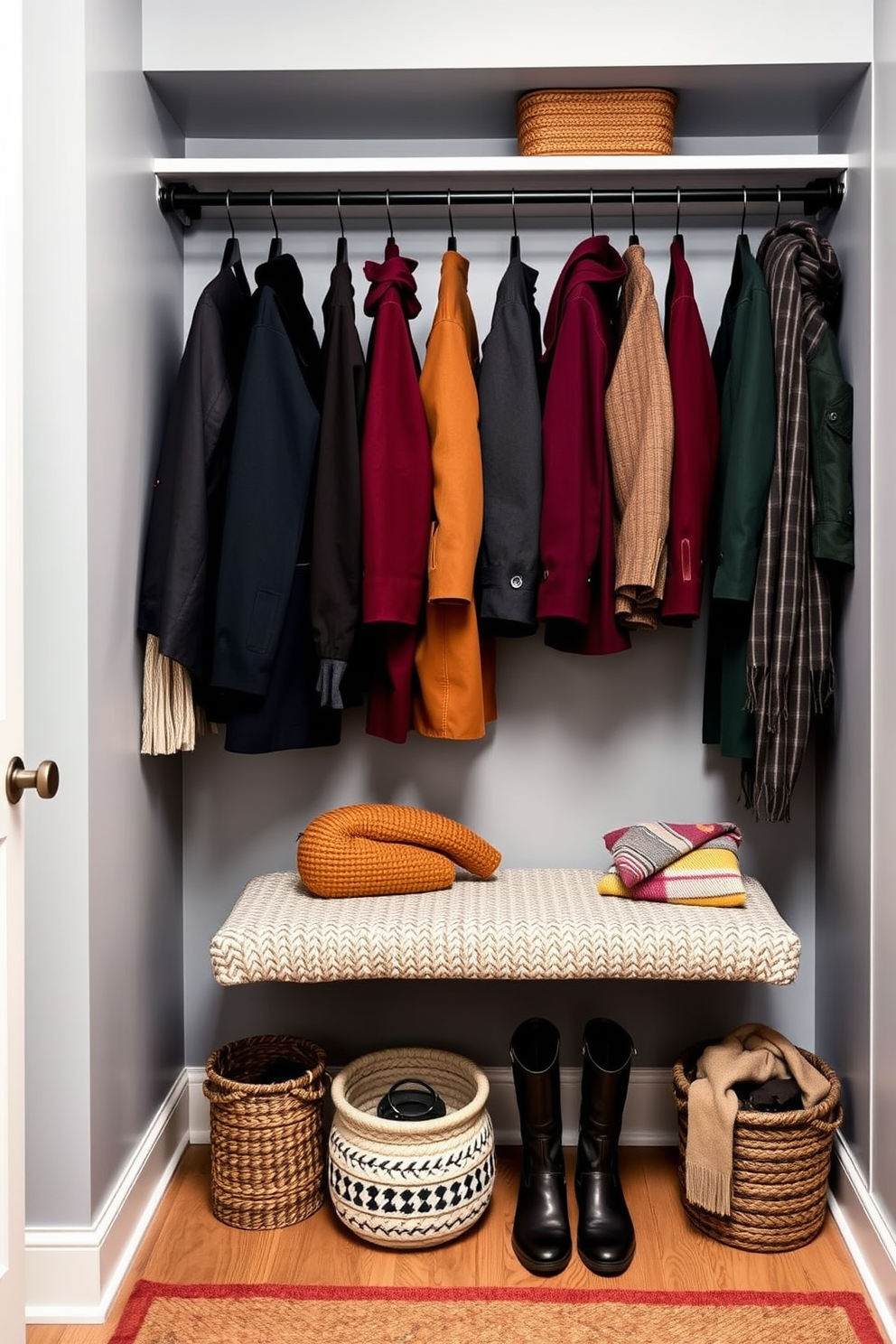 A stylish winter closet designed for functionality and aesthetics. The walls are painted in a soft gray hue, creating a calm backdrop for the organized display of winter coats arranged by color. Coats in shades of navy, burgundy, and forest green hang neatly on sleek black hangers. A cozy knitted bench sits below, providing a perfect spot to put on or take off boots, while decorative baskets store scarves and gloves.