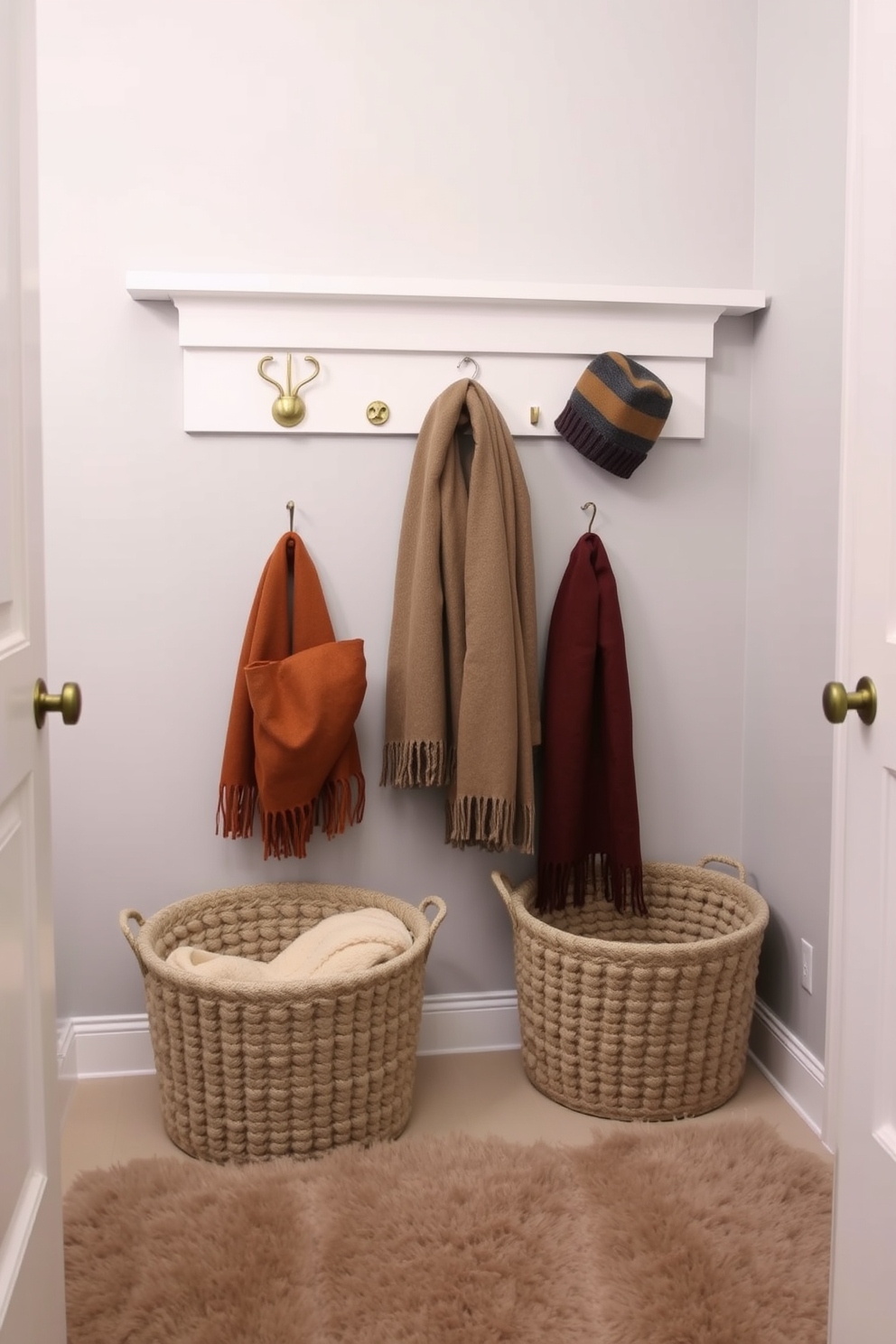 A cozy winter closet setting designed for functionality and style. The space features a wooden shelving unit filled with neatly folded sweaters and seasonal accessories, adorned with soft, warm lighting. In the center, a plush area rug adds comfort underfoot, inviting you to linger while choosing outfits. The walls are painted in a soft beige hue, creating a warm backdrop for the carefully curated winter wardrobe.