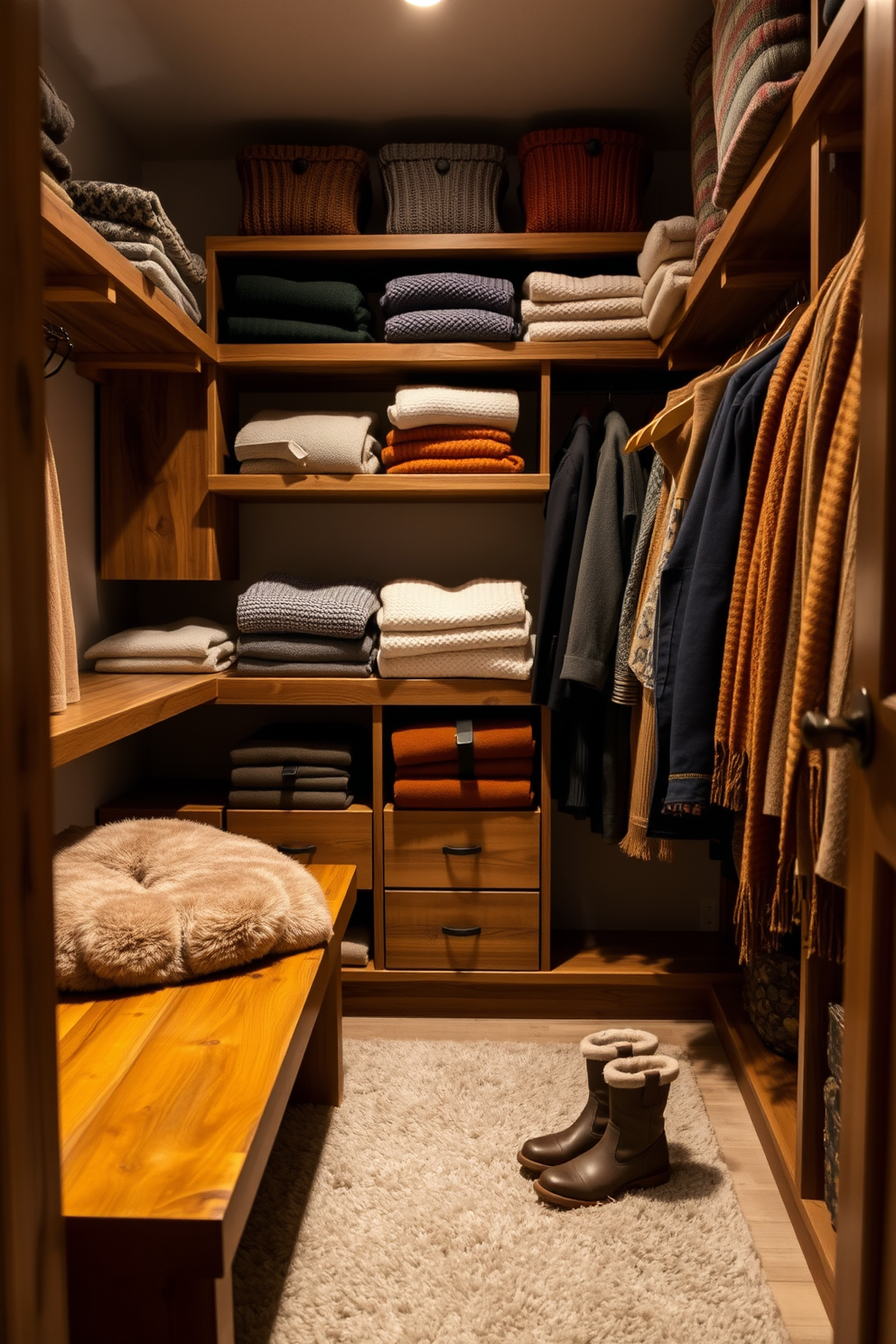 A cozy winter closet filled with natural wood elements. The shelves are made of reclaimed wood, displaying neatly folded sweaters and scarves in warm, earthy tones. Soft, ambient lighting highlights the wooden accents, creating a warm and inviting atmosphere. A plush area rug in neutral colors adds comfort underfoot, while a wooden bench provides a space to sit and put on winter boots.