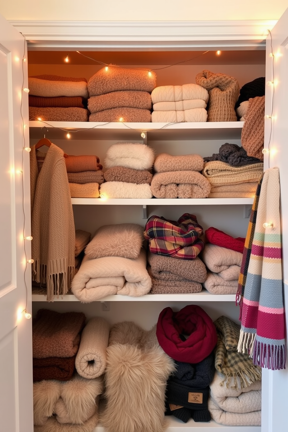 A cozy winter closet filled with soft textures and warm colors. String lights are draped along the shelves, casting a gentle glow over neatly arranged winter accessories. The walls are painted in a soft cream hue, enhancing the inviting atmosphere. Plush blankets and colorful scarves are artfully displayed, creating a welcoming and stylish storage space.