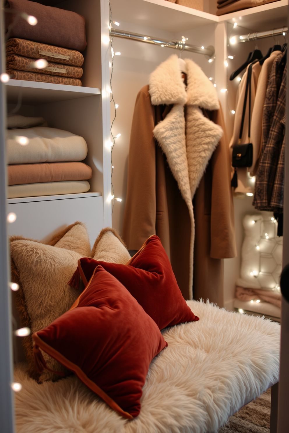 A cozy winter closet setting. The space features a beautifully organized wardrobe with seasonal pillows in rich textures and colors neatly arranged on a plush bench. Soft white fairy lights twinkle around the closet, adding a warm glow to the atmosphere. A stylish winter coat is displayed prominently, complemented by elegant accessories hanging nearby.