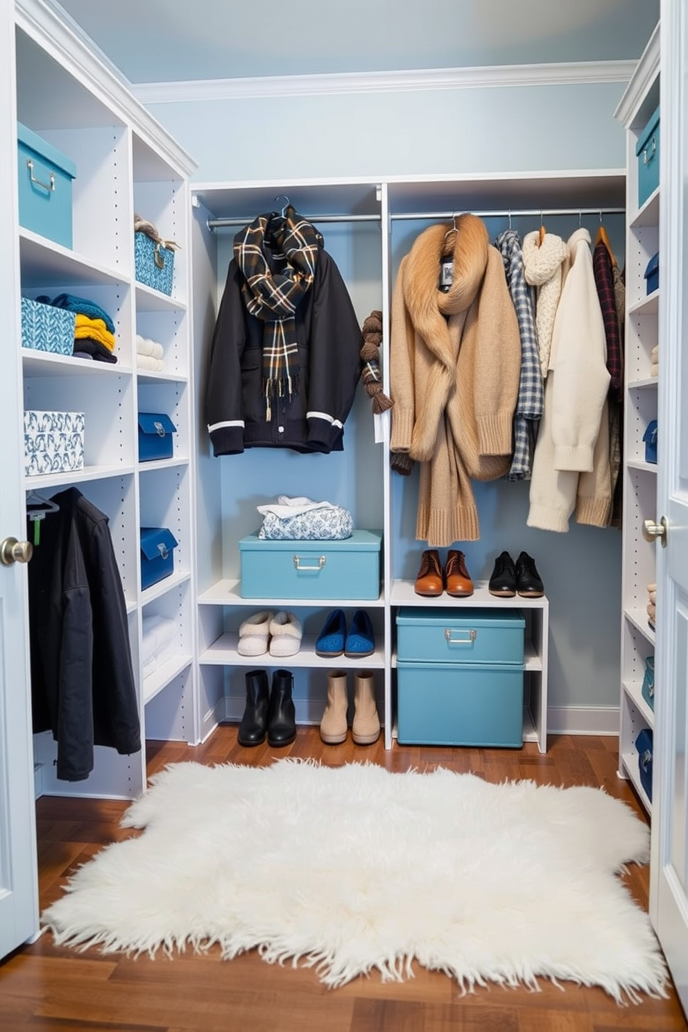 A cozy winter closet featuring crisp white shelves and soft blue accents. The walls are painted a light blue, creating a serene backdrop for neatly organized winter clothing and accessories. A plush white rug lies on the floor, adding warmth to the space. Decorative storage boxes in varying shades of blue are placed on the shelves, providing both style and functionality.