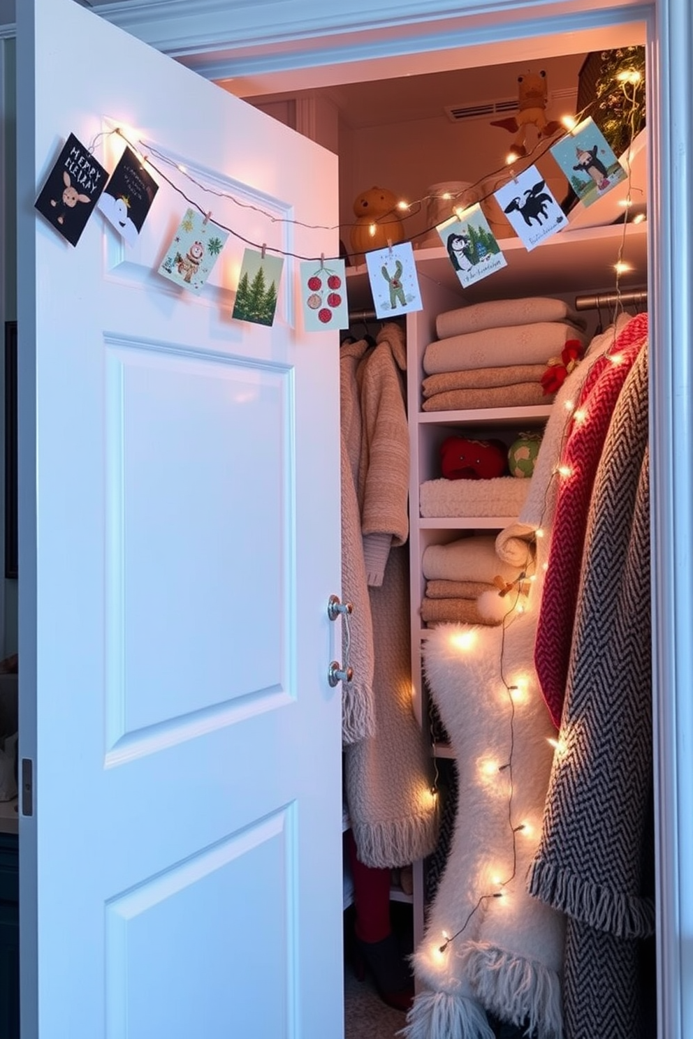 A cozy winter closet decorated for the holidays. A string of festive holiday cards is elegantly displayed across the closet door, adding a personal touch to the space. The shelves are adorned with soft blankets and seasonal decor, creating a warm and inviting atmosphere. Twinkling fairy lights are intertwined with the clothing, enhancing the festive feel of the closet.