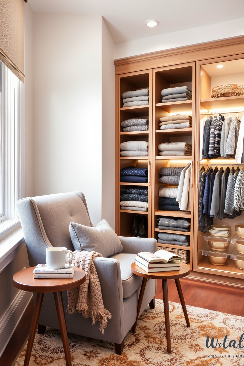 A cozy winter closet adorned with shelves painted in warm inviting colors. Soft lighting enhances the rich tones of the shelves, creating a welcoming atmosphere. The closet features neatly organized winter attire, including plush sweaters and stylish coats. Decorative elements like scented candles and seasonal decor add a touch of charm to the space.