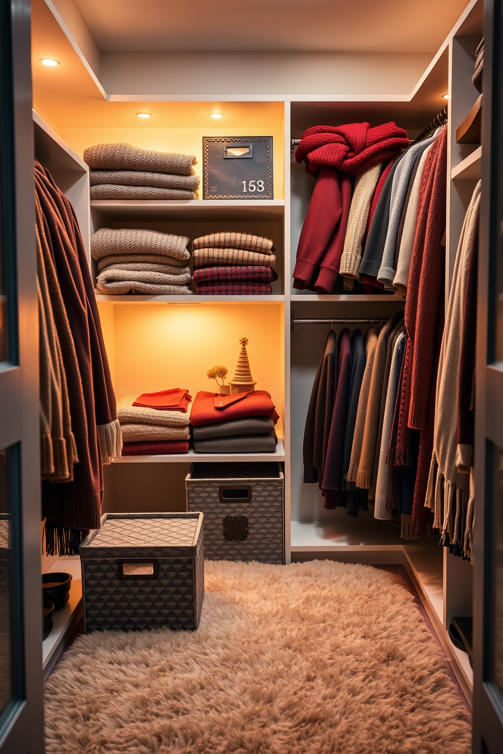 A cozy winter closet adorned with soft, warm lighting. The shelves are filled with neatly folded sweaters and scarves in rich, seasonal colors, while a small indoor plant adds a touch of greenery to the space. A plush rug lies underfoot, providing comfort and warmth as you step inside. Decorative storage bins are placed strategically to keep the area organized and stylish.