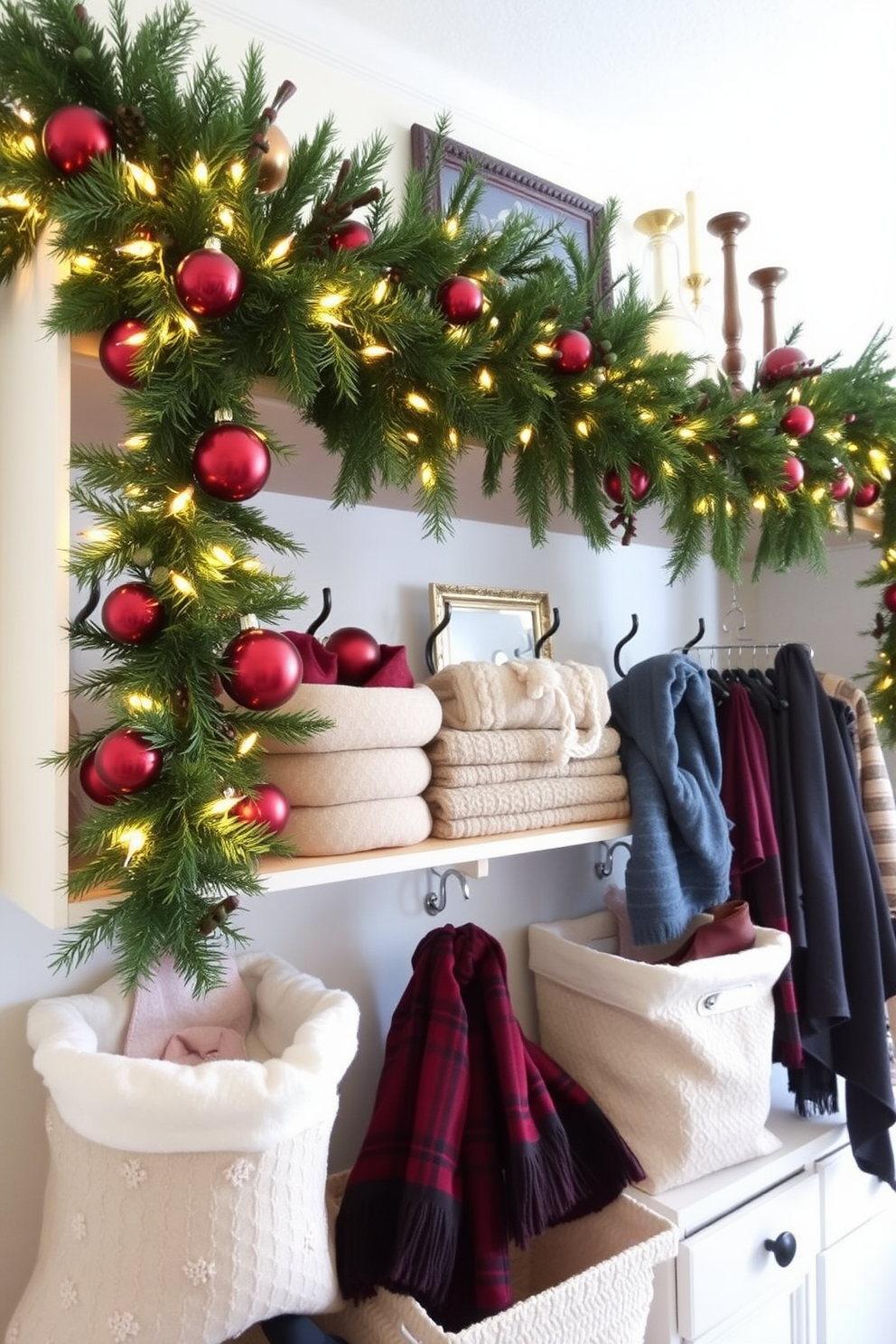 A winter closet decorated with a seasonal color palette in soft hues. The walls are painted in a light pastel color, and the shelves are filled with neatly folded sweaters in shades of pale blue and soft gray.