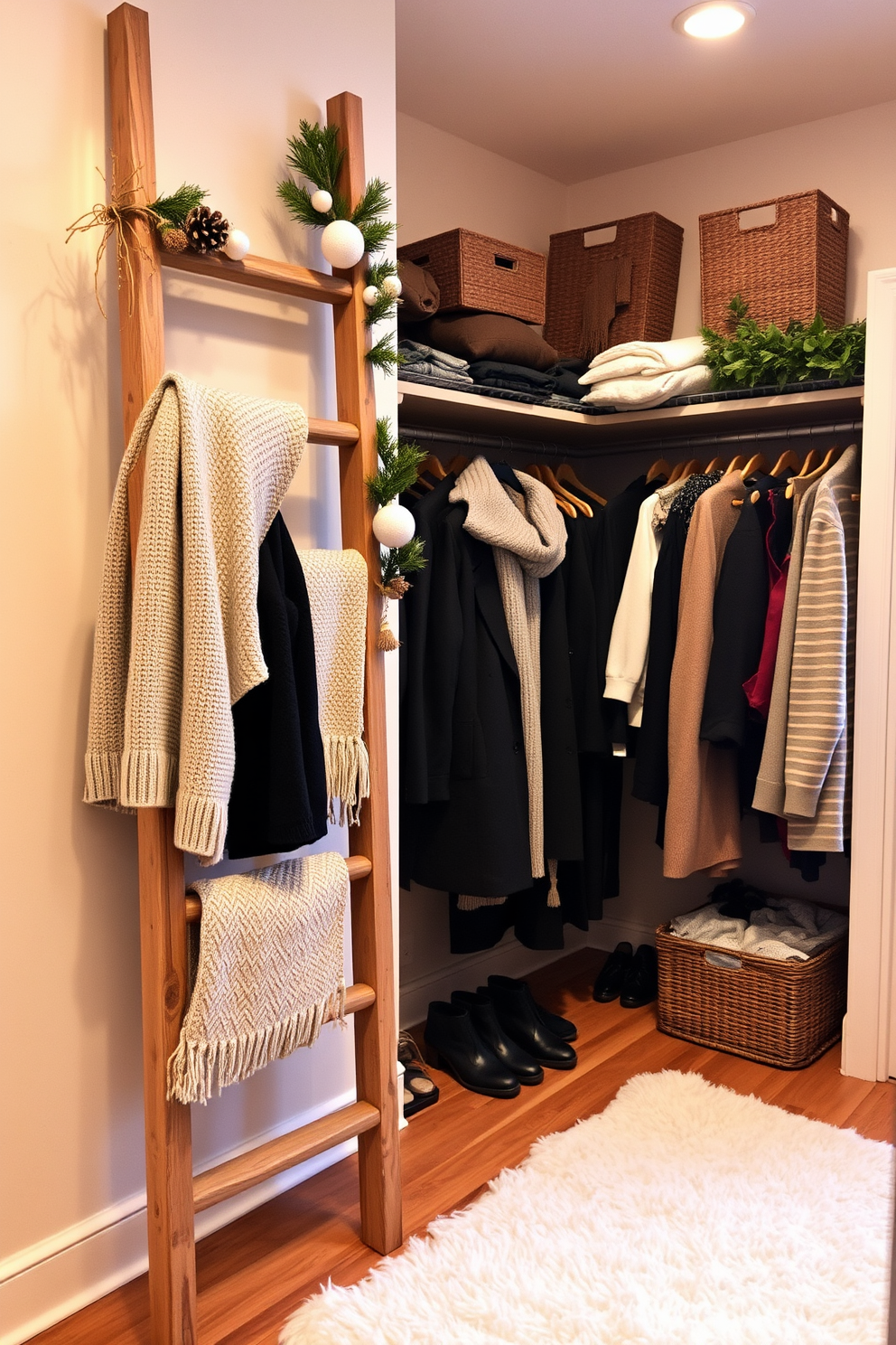 A winter closet filled with clear containers showcasing neatly organized scarves, hats, and gloves. Soft white lighting illuminates the space, highlighting the textures of cozy knitwear and the elegance of seasonal decor.