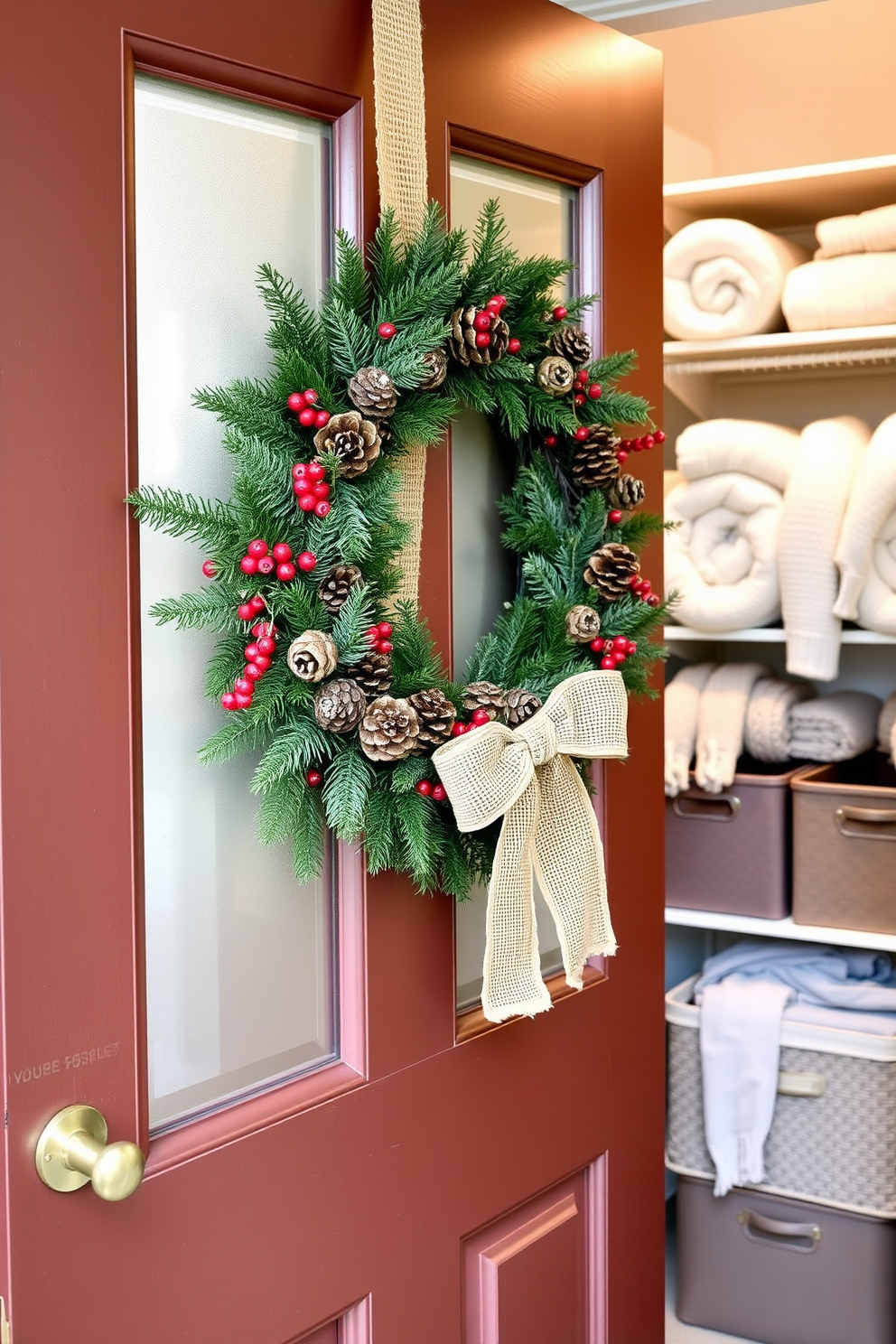 A cozy winter closet setting featuring natural elements like pinecones and evergreen branches. The walls are painted in a soft cream color, and the shelves are adorned with rustic wooden boxes filled with seasonal accessories. A plush, textured rug covers the floor, providing warmth and comfort. Delicate string lights are draped along the shelves, creating a warm and inviting ambiance.