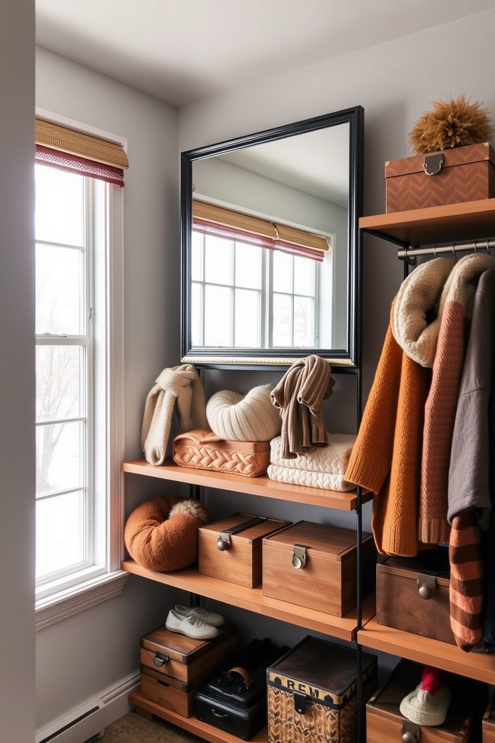 A stylish winter closet features a large mirror hung on the wall opposite a window to maximize natural light. The shelves are filled with cozy sweaters and accessories in warm tones, while decorative boxes add organization and charm.