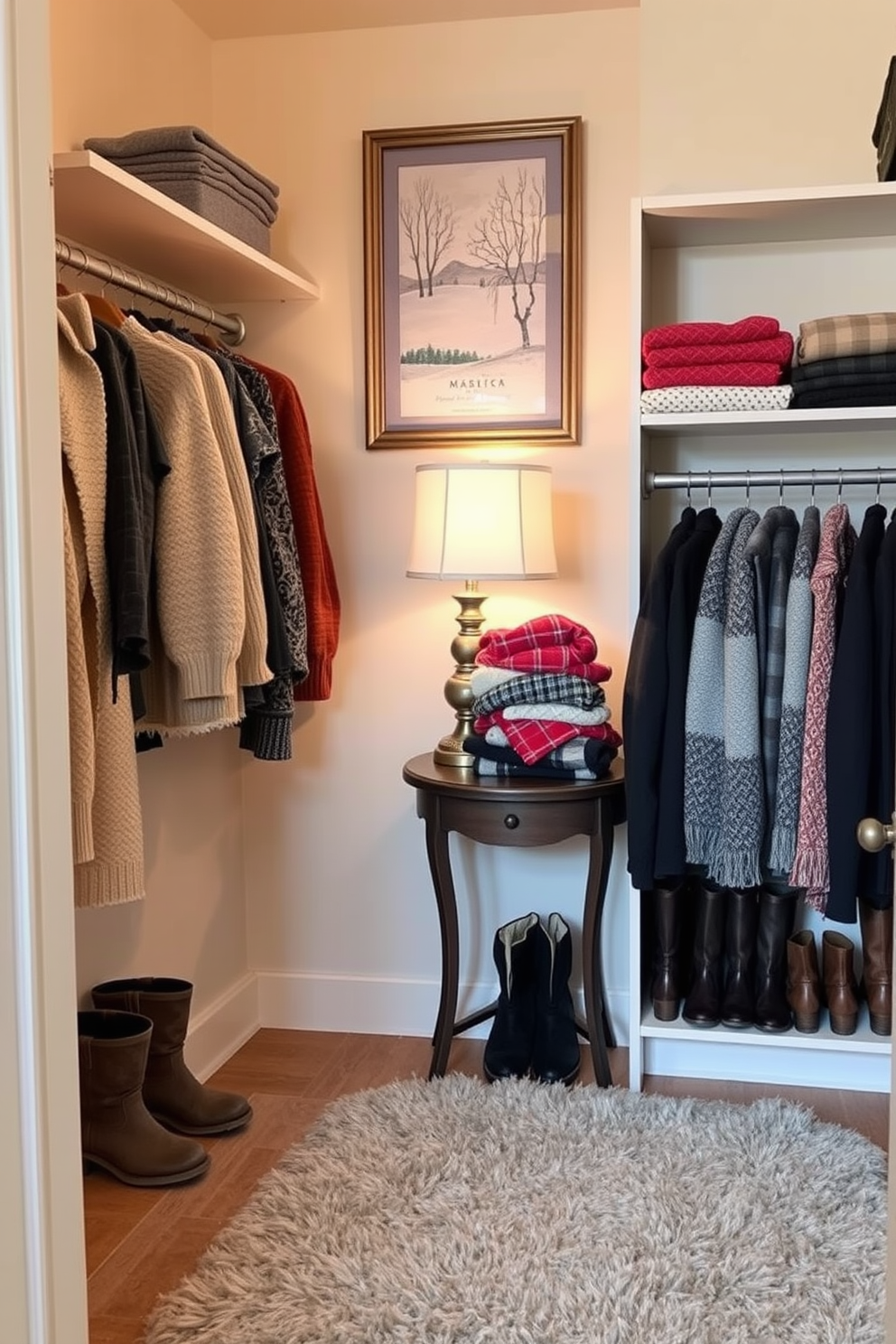 A winter closet featuring a pegboard for versatile storage solutions. The pegboard is adorned with hooks and shelves, showcasing neatly organized scarves, hats, and bags.