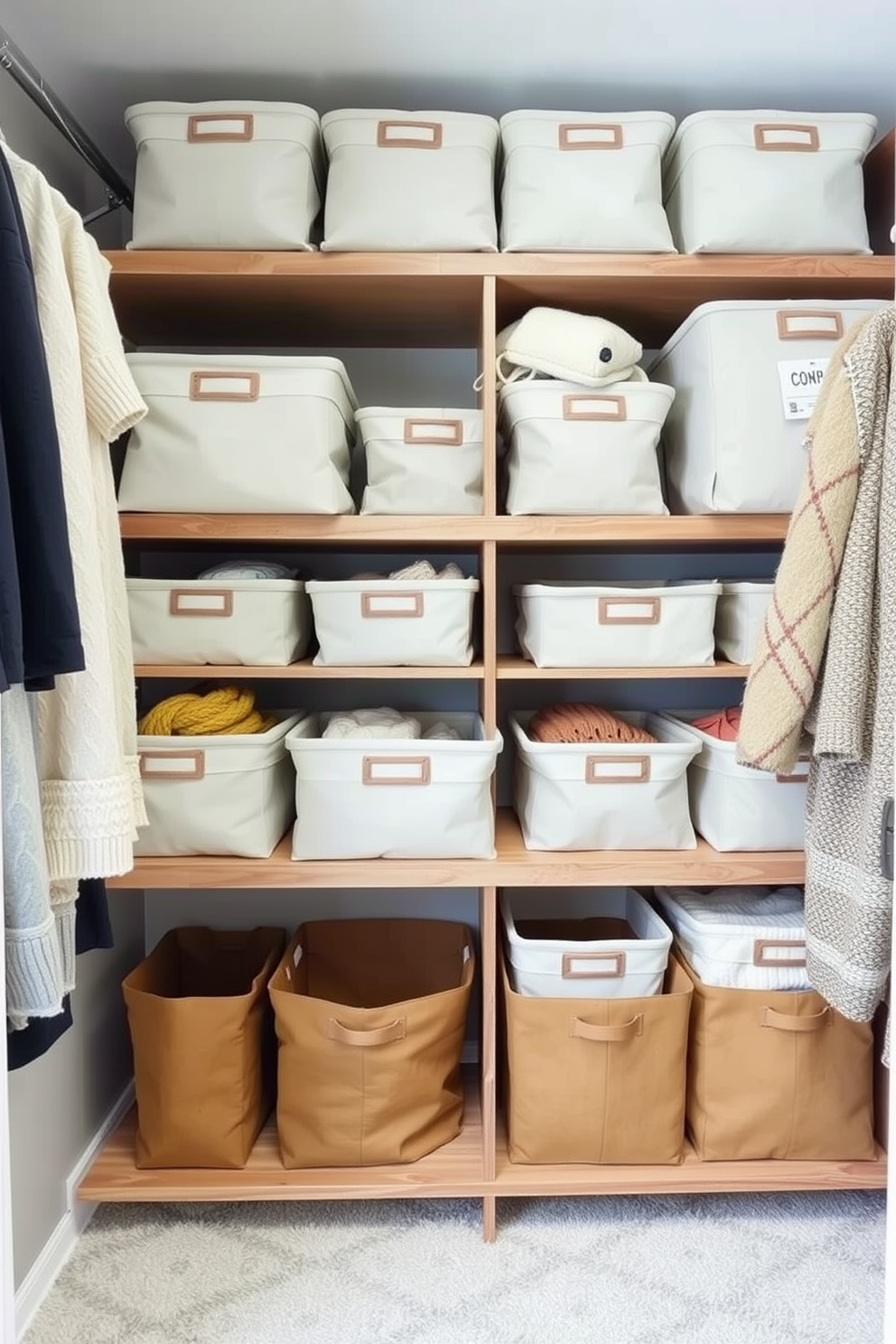 A cozy winter closet adorned with fabric bins organized for seasonal items. The bins are in soft neutral tones, neatly stacked on wooden shelves, creating an inviting and functional space.