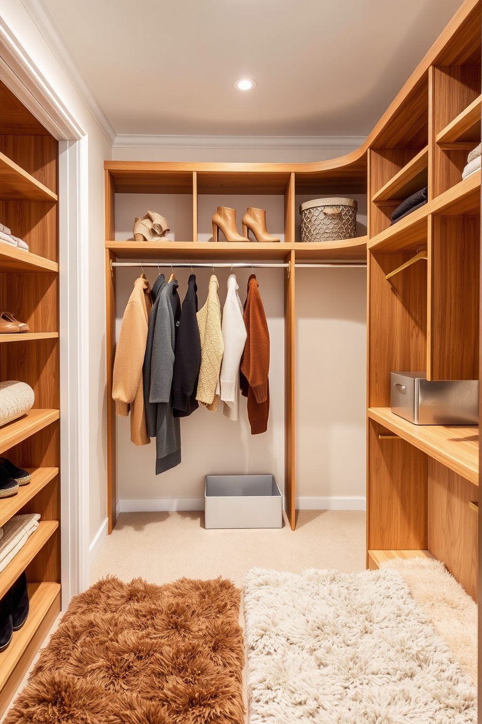 A cozy winter closet featuring warm wood shelving and soft lighting. Metallic accents are integrated through gold hangers and a chic silver storage box, enhancing the overall elegance of the space. The walls are painted in a soft cream color, providing a warm backdrop for seasonal clothing. Plush, textured rugs in neutral tones add comfort underfoot, making the closet feel inviting and stylish.