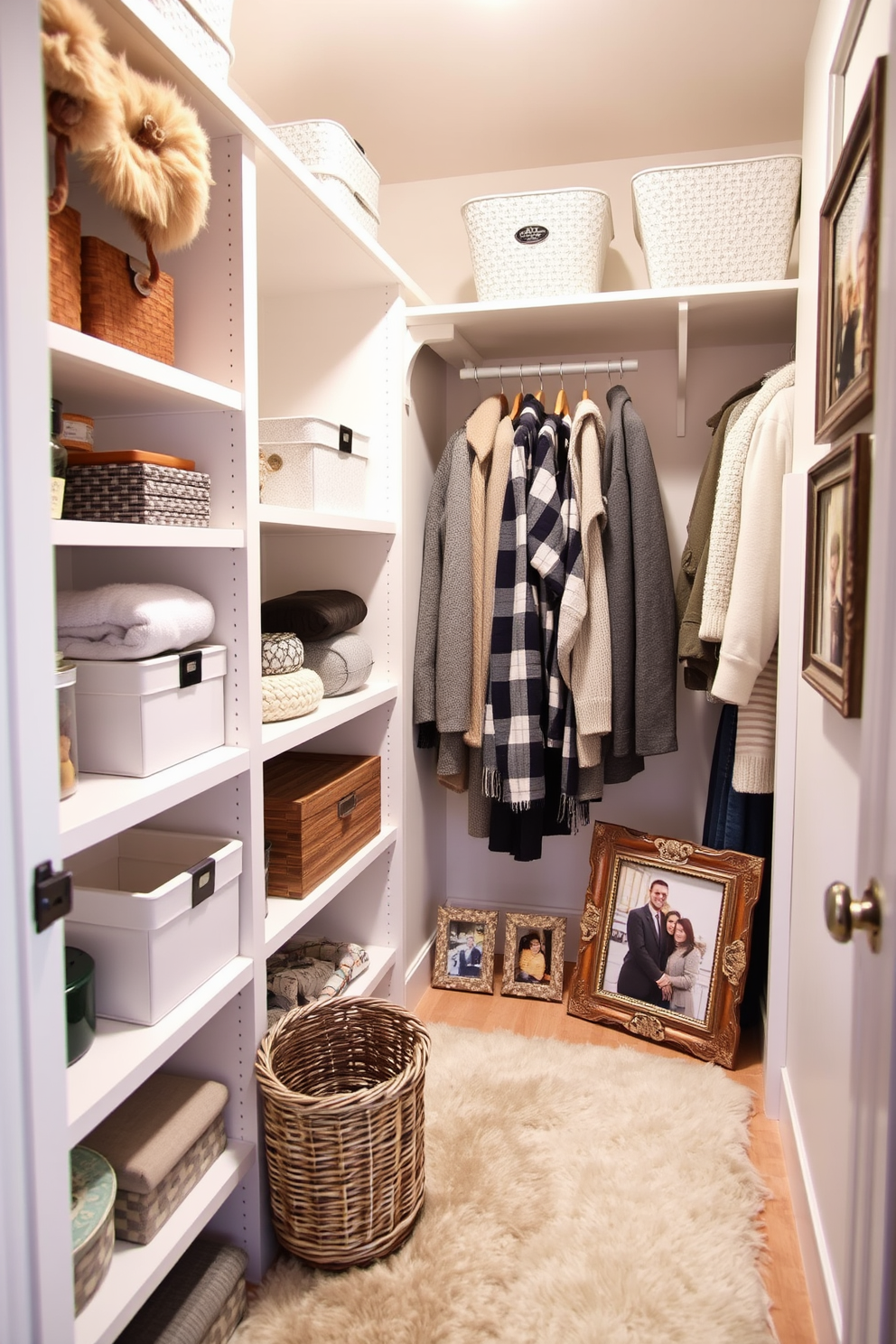 A cozy winter closet filled with stylish organization solutions. Soft white shelves hold neatly arranged winter clothing, and decorative boxes store accessories while a plush rug adds warmth underfoot. Family photos are elegantly displayed in rustic winter frames. Each frame features a unique design, showcasing cherished memories and adding a personal touch to the home decor.