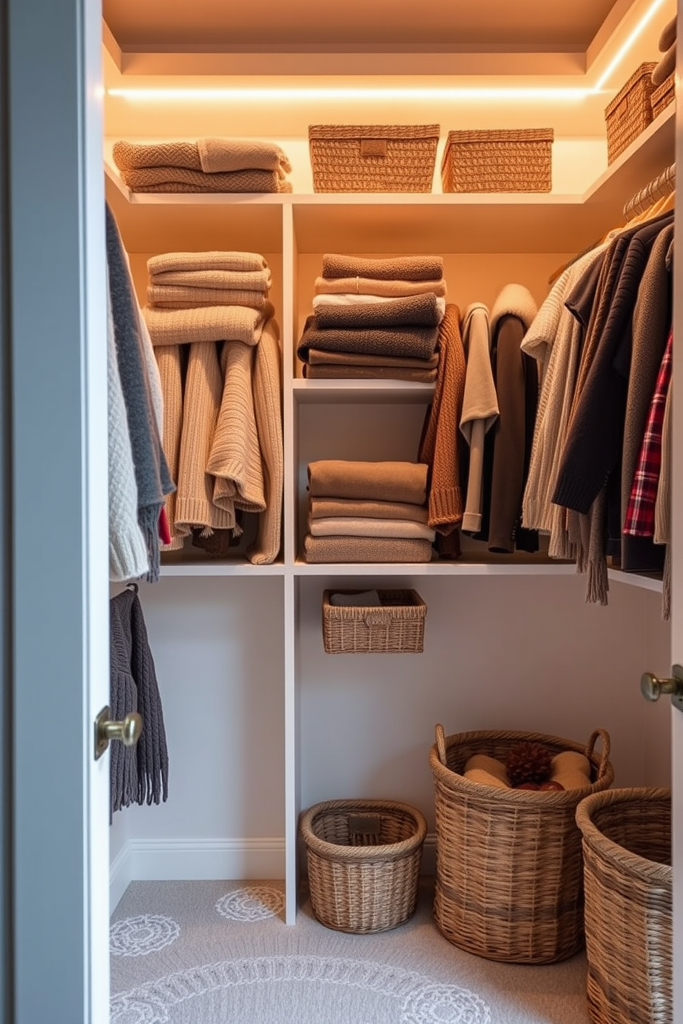 A cozy winter closet filled with seasonal books on shelves creates a warm atmosphere. Soft lighting highlights the rich textures of the knitted throws and plush pillows nestled among the books.