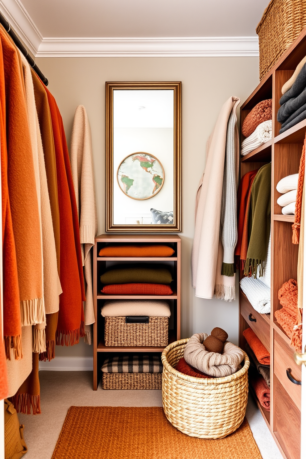 A cozy winter closet featuring warm earth tones for textiles. The space is filled with plush blankets and soft throw pillows in shades of terracotta and deep olive. Stylish wooden shelves display neatly folded sweaters and scarves in complementary colors. A large mirror reflects the inviting atmosphere, while a woven basket holds seasonal accessories.