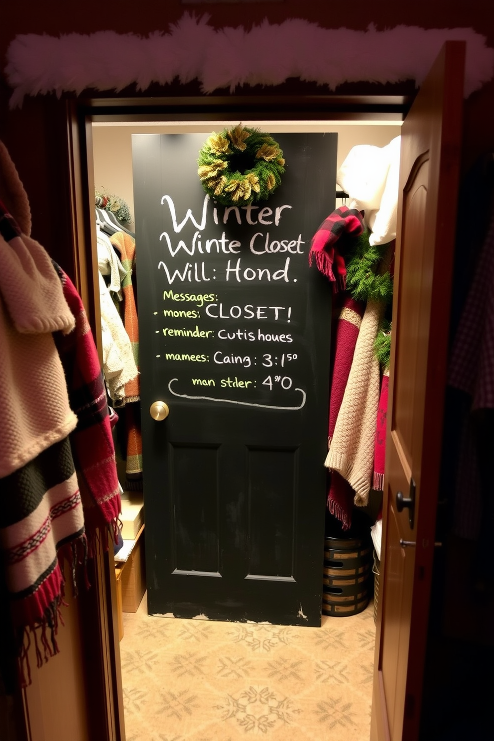 A cozy winter closet featuring a chalkboard on the door for messages and reminders. The interior is adorned with soft blankets and seasonal decorations, creating a warm and inviting atmosphere.