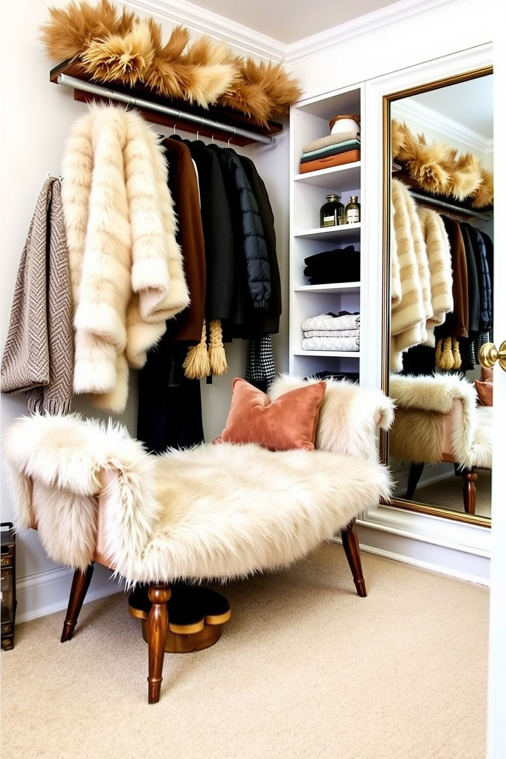 A cozy winter closet adorned with faux fur throws draped over a stylish wooden bench. The shelves are neatly organized with seasonal clothing, and a large mirror reflects the inviting ambiance of the space.