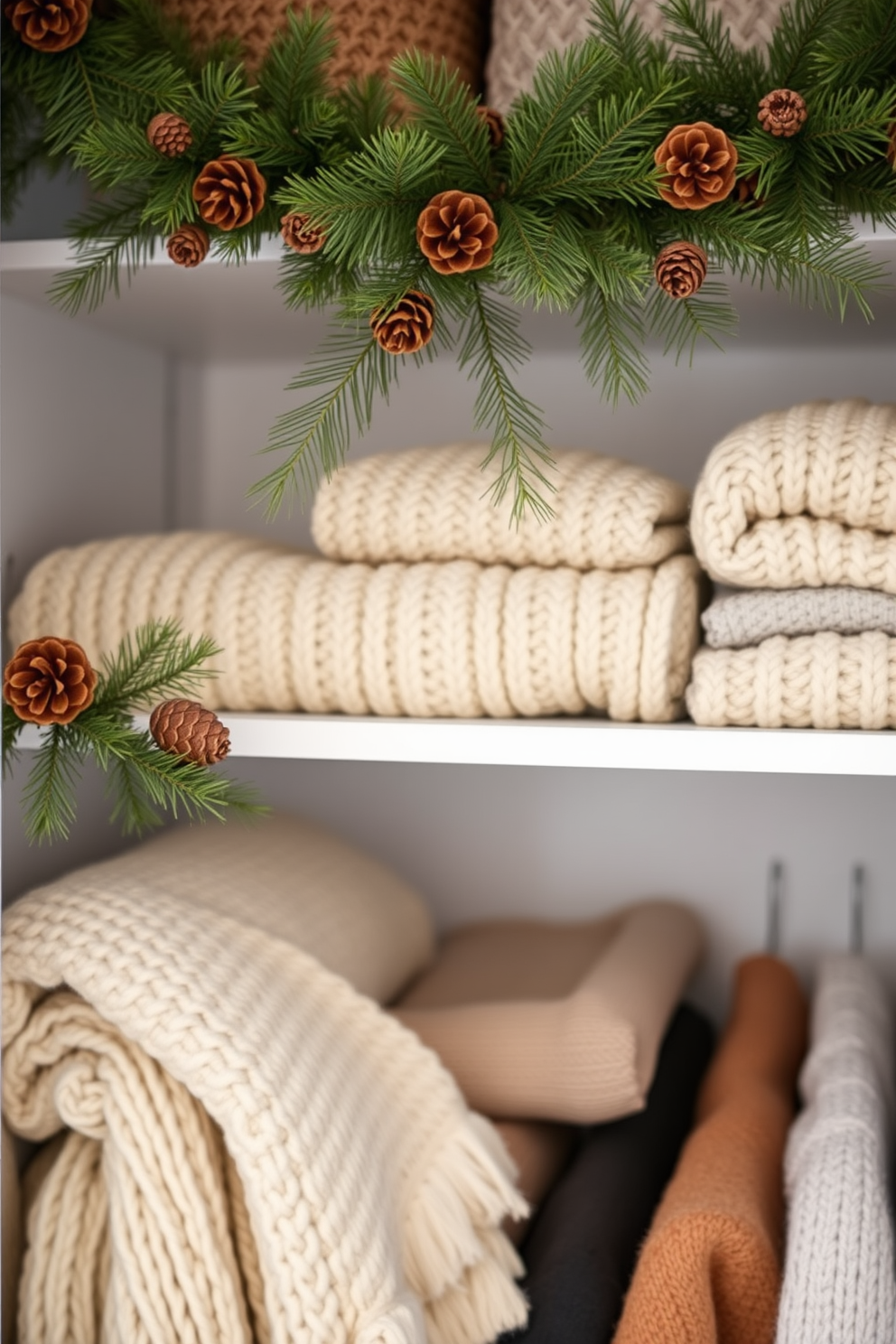 A cozy winter closet adorned with pinecones and evergreen branches. The shelves are lined with soft knitted blankets and seasonal clothing, creating a warm and inviting atmosphere.