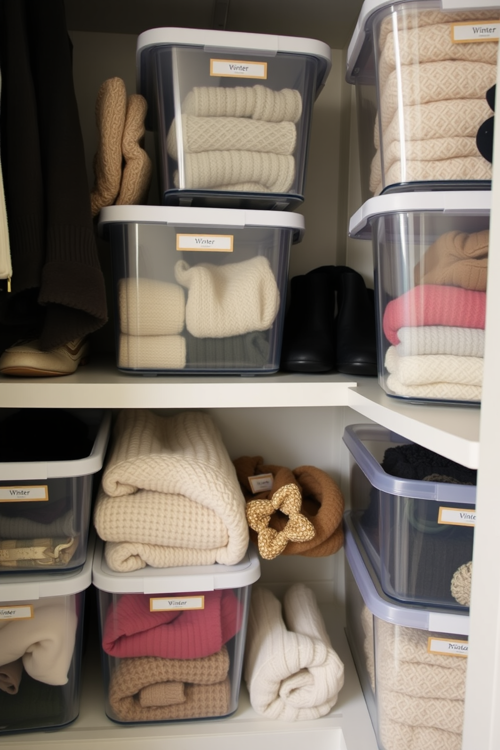 A winter closet filled with clear bins for easy visibility. Each bin is labeled and neatly organized, showcasing cozy sweaters and seasonal accessories.