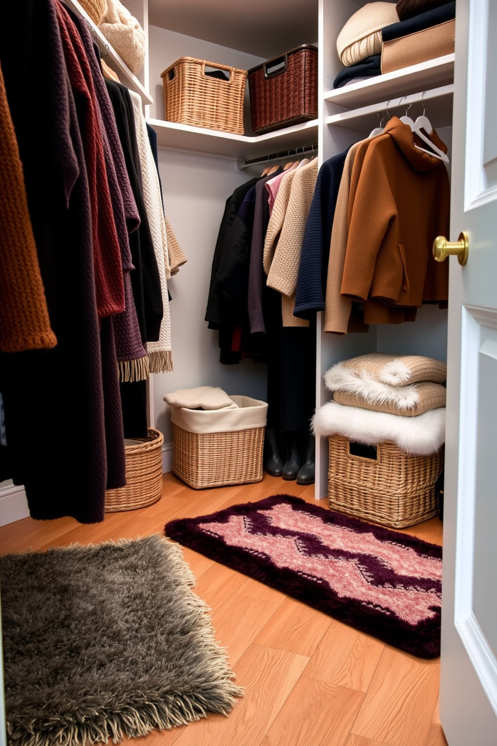 A cozy winter closet filled with warm textures and inviting colors. Soft blankets and chunky knit throws are draped over a stylish bench, while twinkling fairy lights are strung along the shelves for a magical ambiance. Seasonal decor includes pinecones and evergreen branches arranged in a decorative basket. A plush rug in neutral tones anchors the space, creating a comfortable and festive atmosphere.