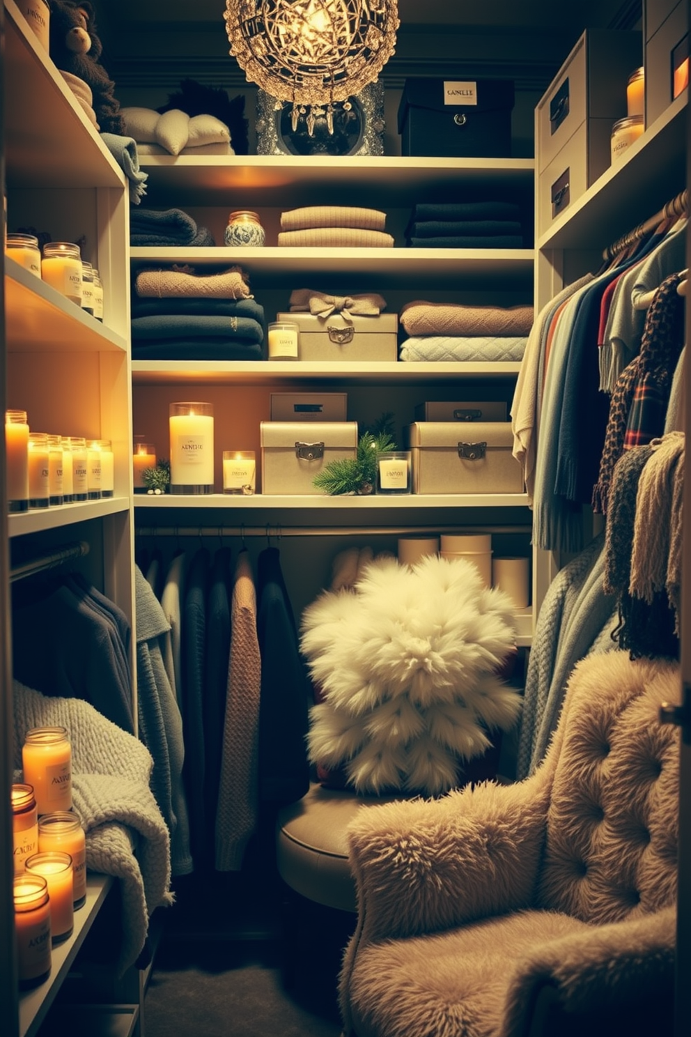 A cozy winter closet filled with scented candles in various sizes and shapes. The soft glow of the candles creates a warm ambiance, while plush blankets and seasonal decor add charm to the space. Stylish shelves are lined with neatly folded sweaters and scarves, complemented by decorative storage boxes. A small seating area with a plush chair invites relaxation, enhancing the overall inviting atmosphere of the closet.