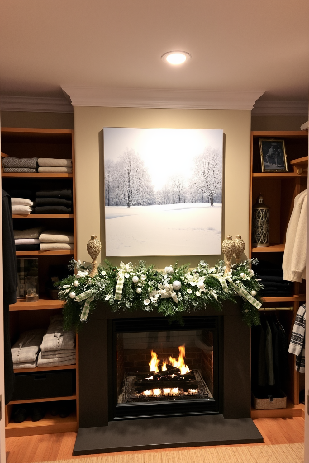 A winter closet decorated for warmth and style. Softly glowing candles are arranged on a shelf, casting a gentle light on plush blankets and seasonal accessories.