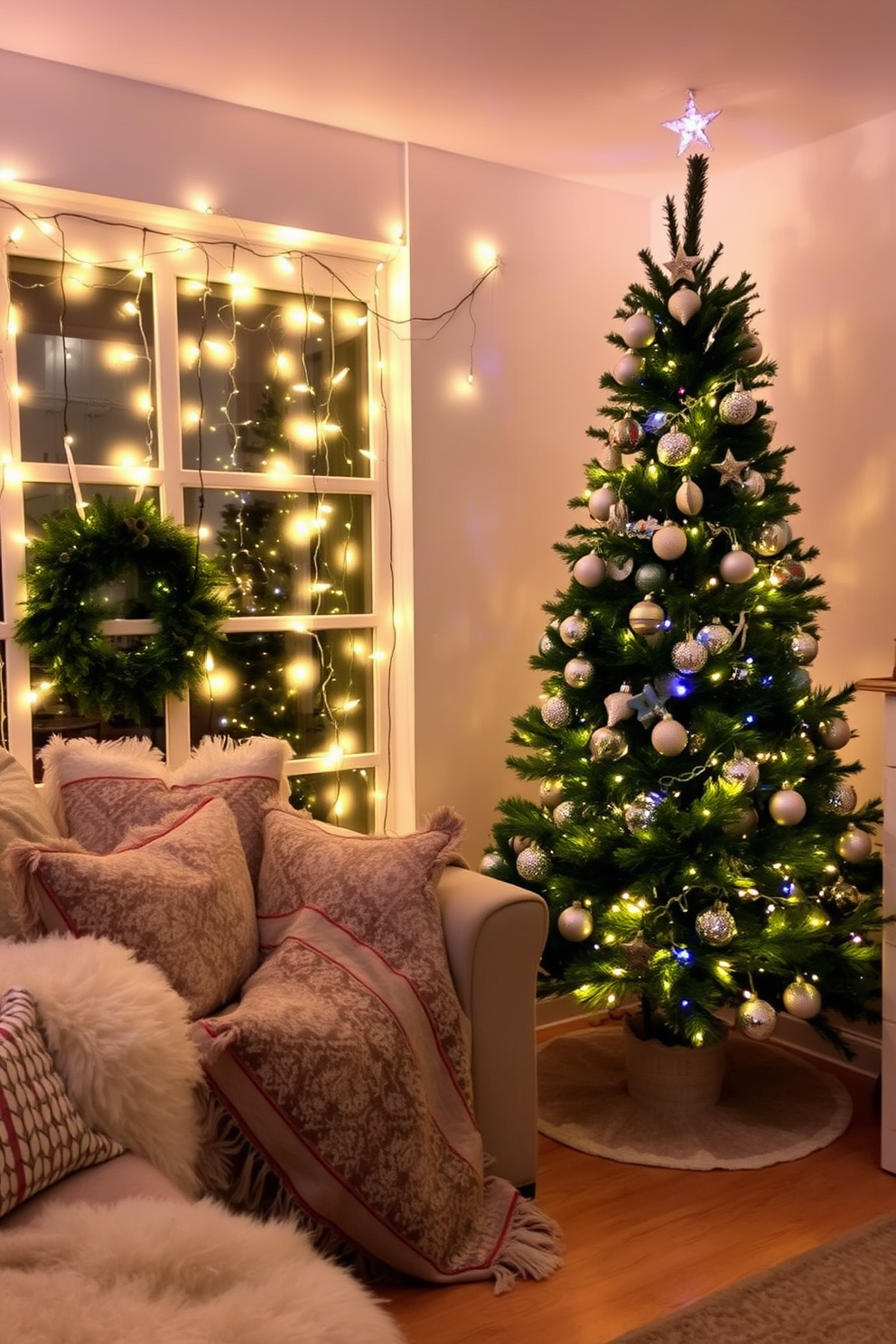 Create a cozy indoor setting adorned with twinkling fairy lights. The warm glow of the lights casts a magical ambiance across the room, enhancing the winter decor elements. Incorporate soft textiles like plush blankets and decorative pillows in winter hues. A beautifully decorated evergreen tree stands in the corner, complementing the fairy lights with its shimmering ornaments.