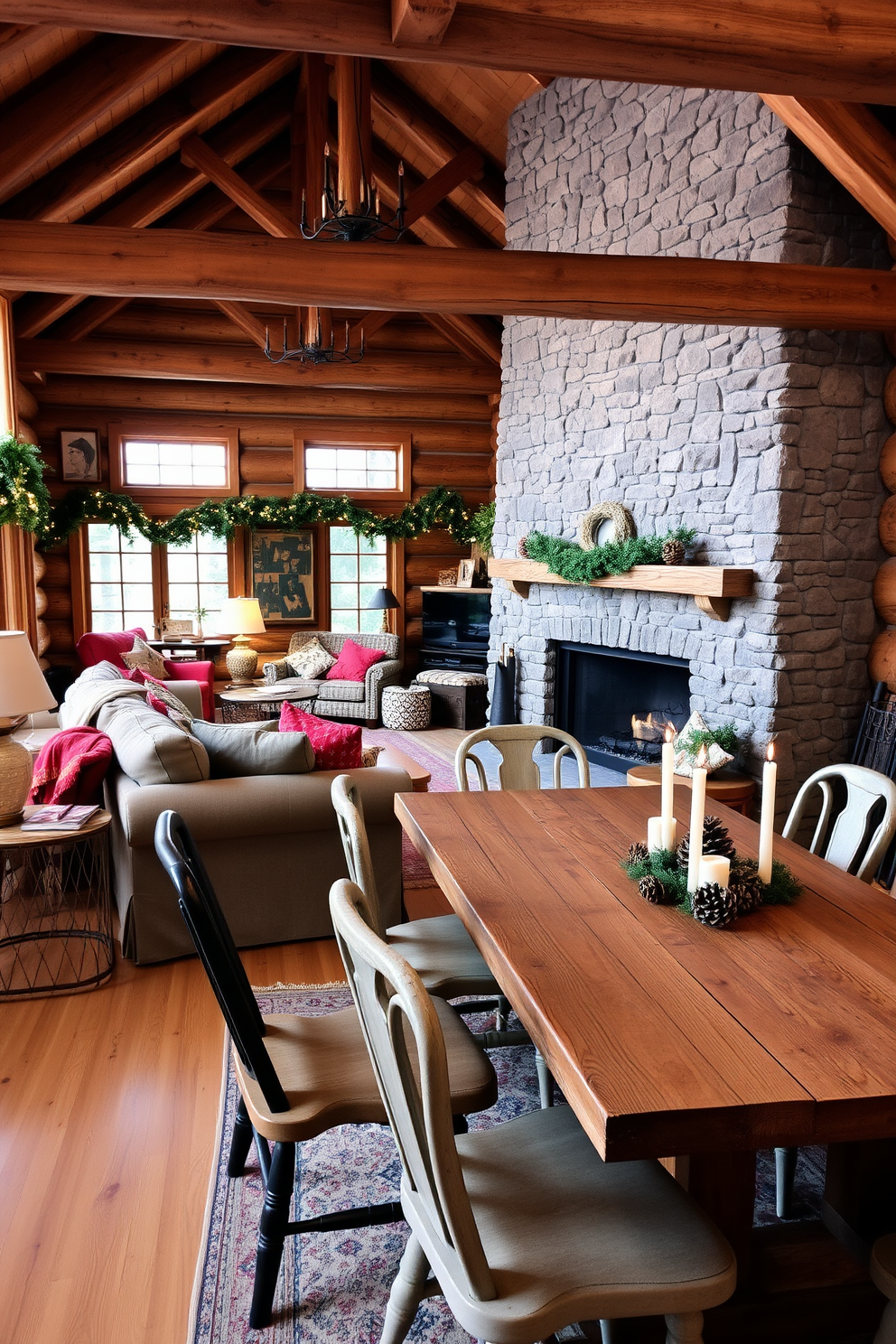 A cozy living room adorned with rustic wooden beams and a large stone fireplace. Plush furniture in warm tones complements the natural wood, while festive winter decorations, such as evergreen garlands and twinkling fairy lights, create a welcoming atmosphere. A dining area featuring a reclaimed wood table surrounded by mismatched chairs. Seasonal centerpieces of pinecones and candles add a touch of winter charm, enhancing the inviting ambiance of the space.