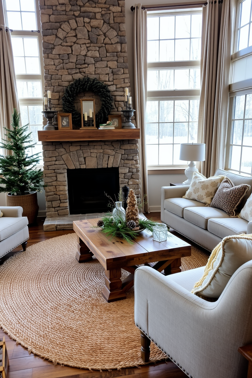 A cozy living room setting featuring a stone fireplace with a rustic wooden mantel. Plush seating is arranged around a reclaimed wood coffee table, adorned with seasonal decorations like pinecones and evergreen branches. Large windows allow natural light to flood the space, framed by soft linen curtains. A woven jute rug adds warmth underfoot, while decorative pillows in winter hues enhance the inviting atmosphere.