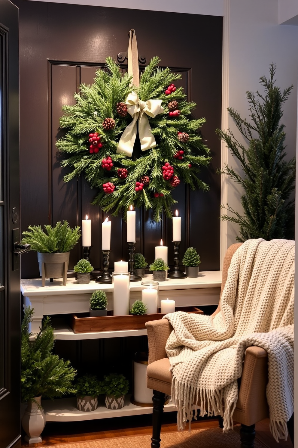 A cozy entryway adorned for winter. The front door is embellished with a large, lush winter wreath made of evergreen branches, pinecones, and red berries. Inside, a console table is decorated with a collection of candles in varying heights, surrounded by small potted evergreens. A soft, knitted throw blanket drapes over a nearby chair, adding warmth to the space.